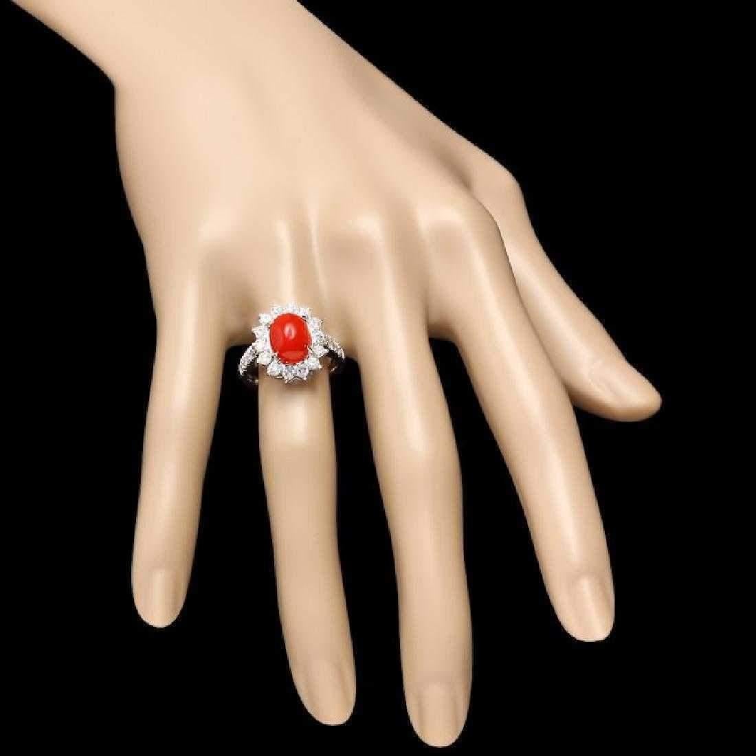 Mixed Cut 3.45 Carat Impressive Coral and Diamond 14 Karat White Gold Ring For Sale