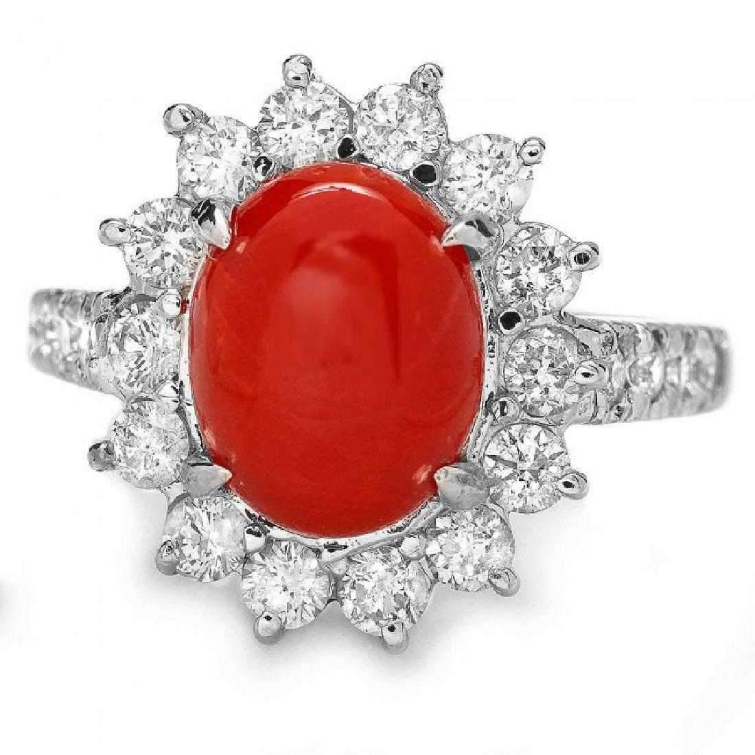 3.45 Carat Impressive Coral and Diamond 14 Karat White Gold Ring In New Condition For Sale In Los Angeles, CA