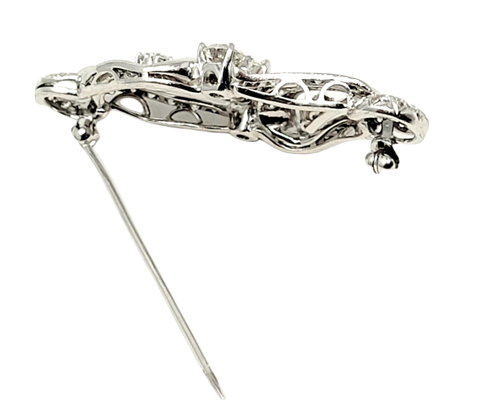 3.45 Carats Total Round Brilliant and Baguette Diamond Swirl Brooch in Platinum For Sale 5