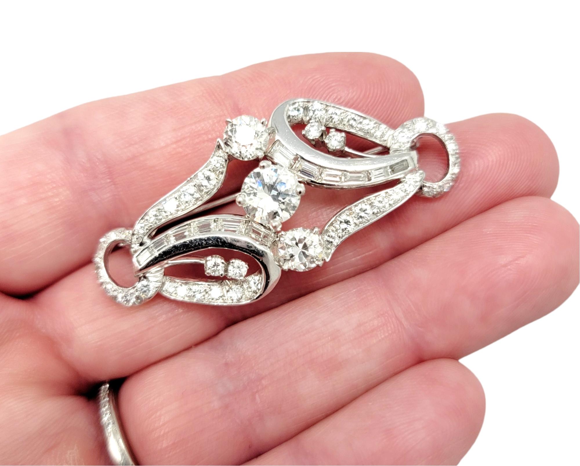 3.45 Carats Total Round Brilliant and Baguette Diamond Swirl Brooch in Platinum For Sale 6