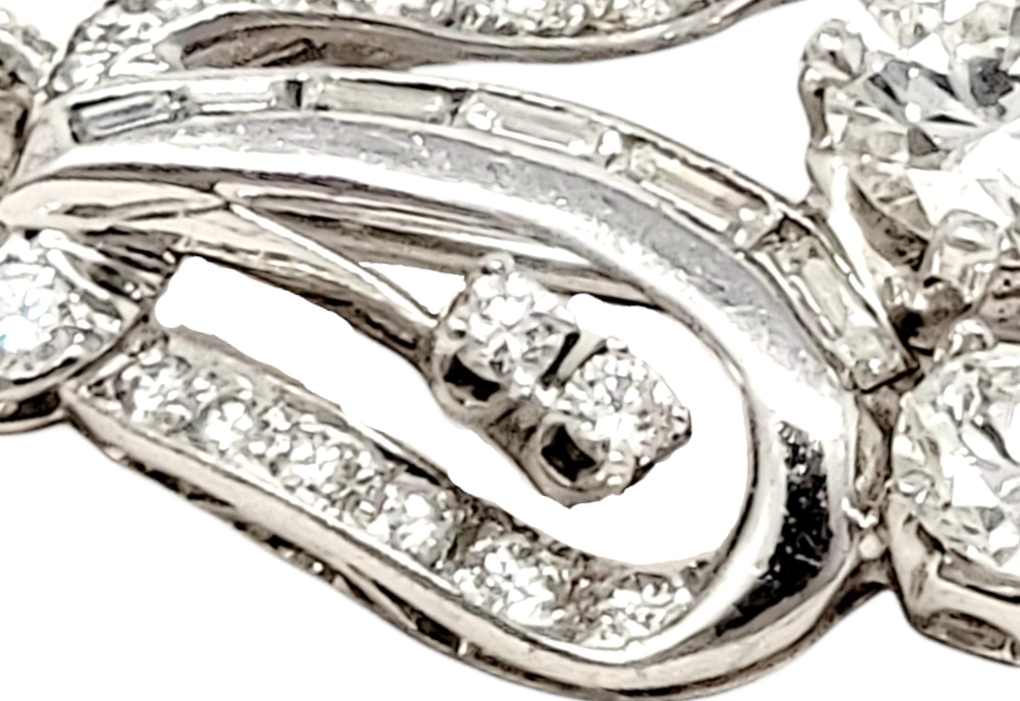 3.45 Carats Total Round Brilliant and Baguette Diamond Swirl Brooch in Platinum For Sale 1