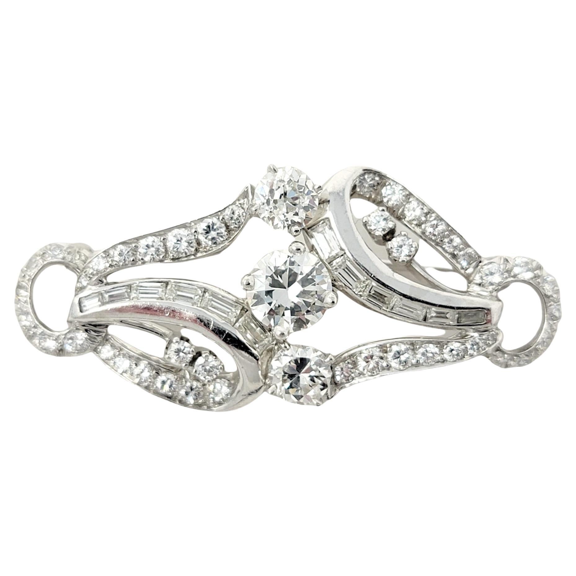 3.45 Carats Total Round Brilliant and Baguette Diamond Swirl Brooch in Platinum For Sale