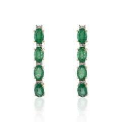 3.45ct Natural Diamond Emerald Long Hanging Earrings in 14k Solid Yellow Gold