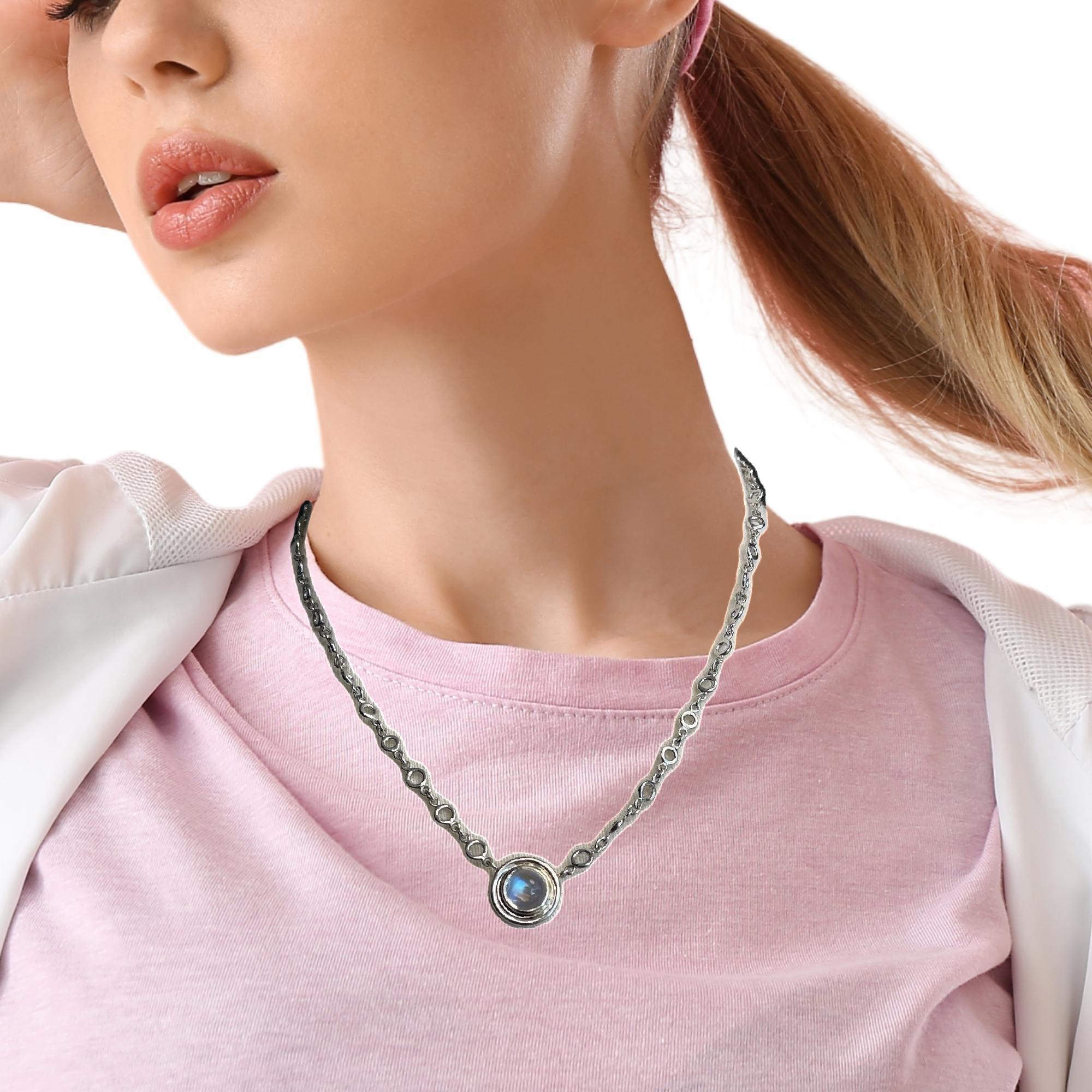 Women's or Men's 3.45 ct. Rainbow Moonstone Necklace in 18k White Gold, 19.5 Inches For Sale