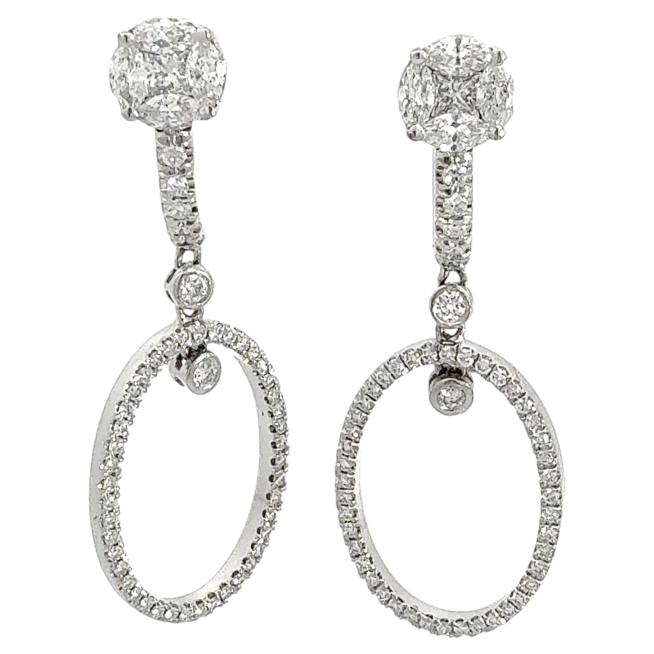 3.45 ctw Diamond Illusion Stud and Pavé Oval Drop Earrings in Platinum & 18K