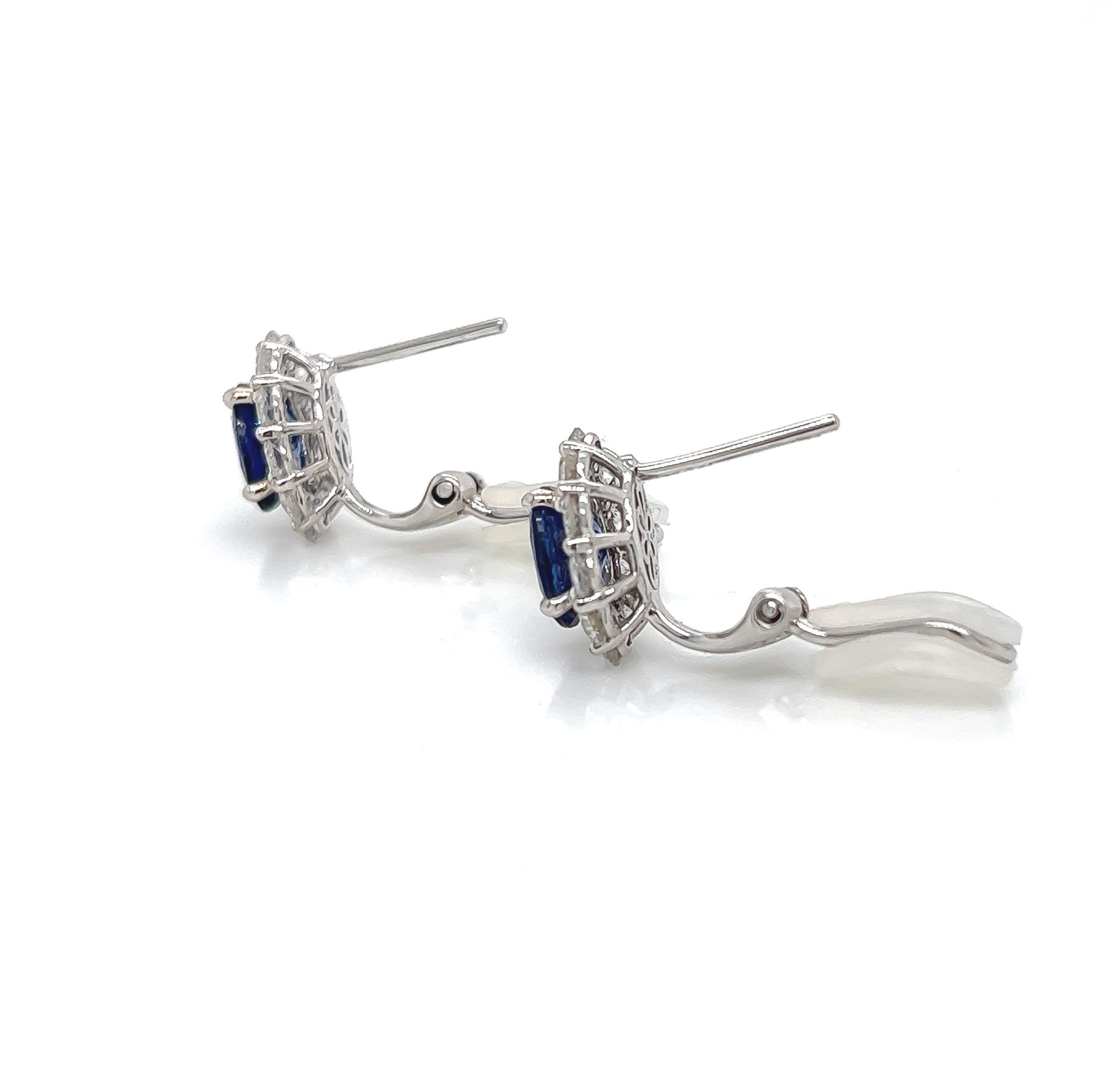Oval Cut 3.45 Total Carat Sapphire and Diamond Earrings in 18K White Gold For Sale