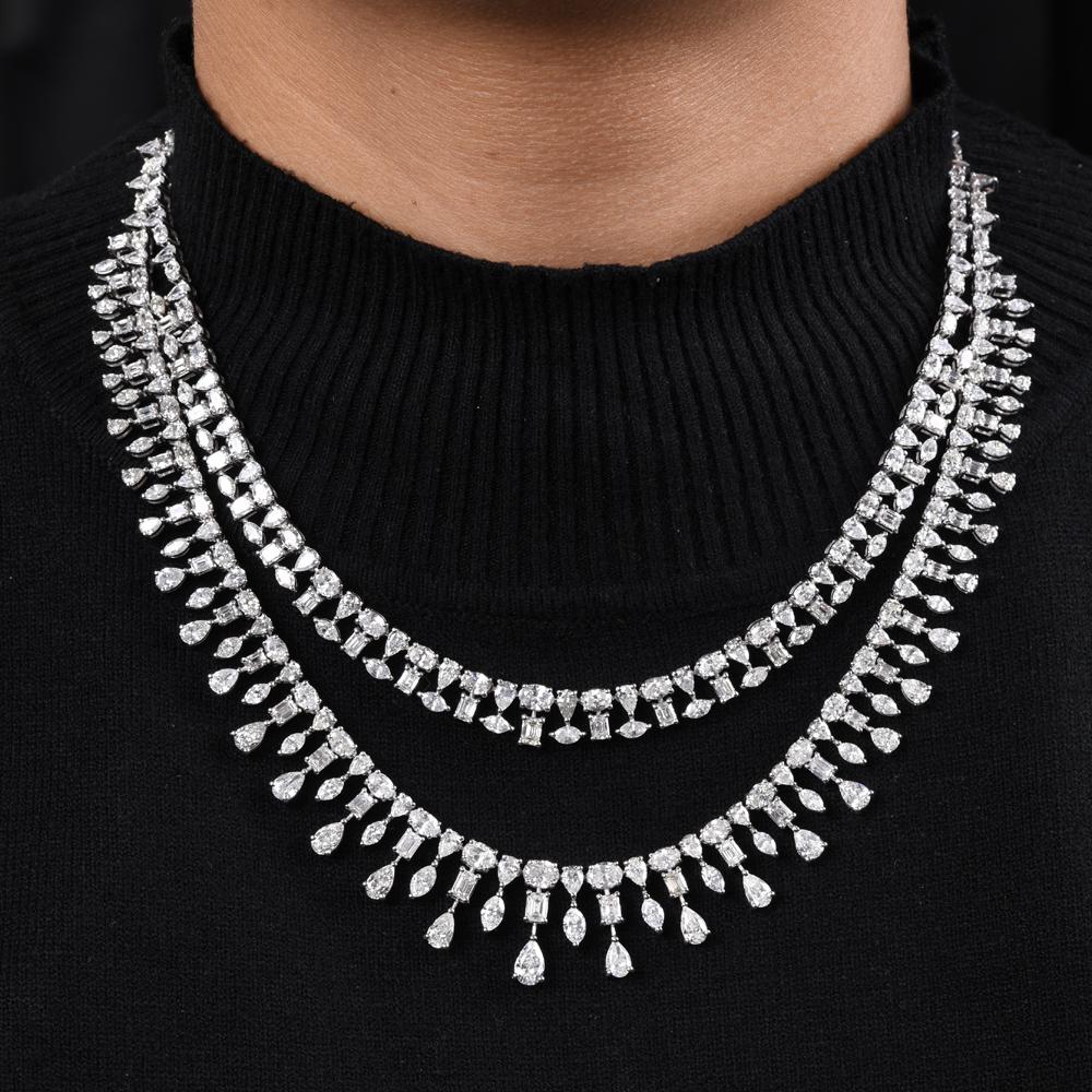 Modern 34.50 Carat Multi Shape Diamond Necklace 18 Karat White Gold Handmade Jewelry For Sale