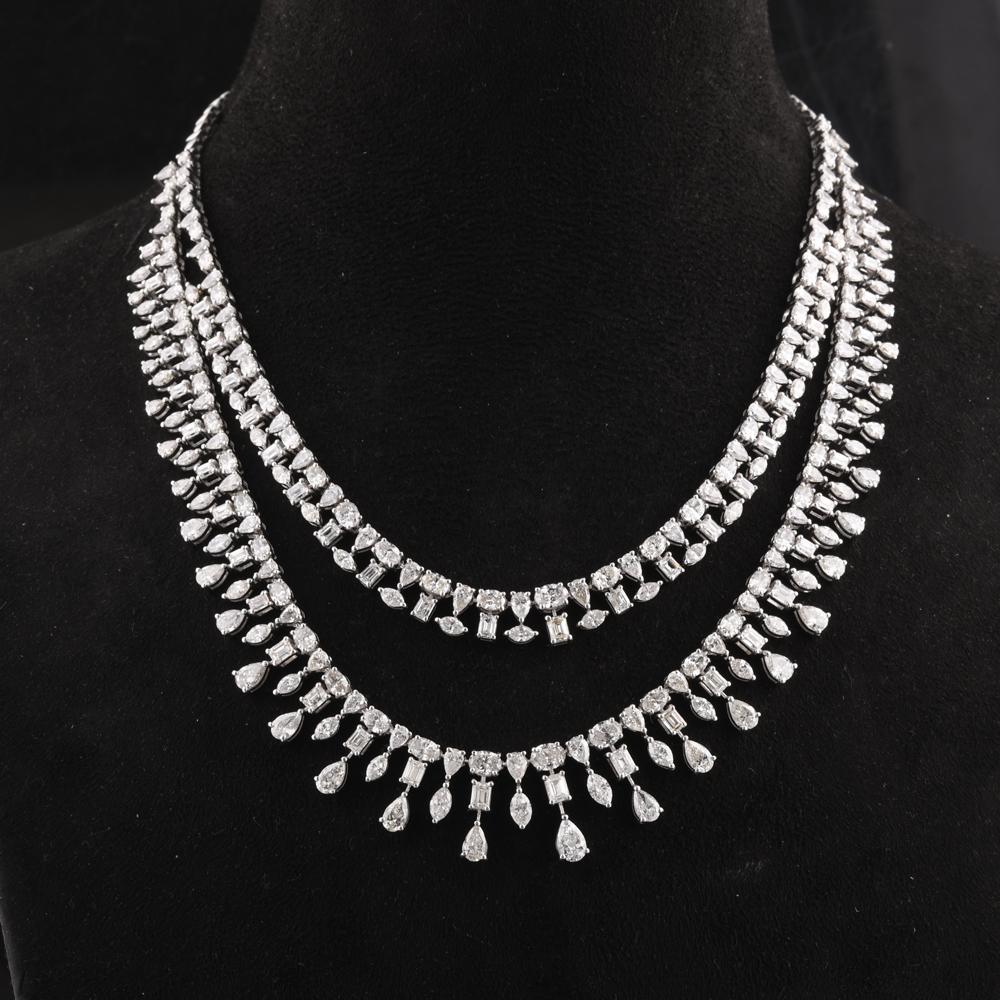 Baguette Cut 34.50 Carat Multi Shape Diamond Necklace 18 Karat White Gold Handmade Jewelry For Sale