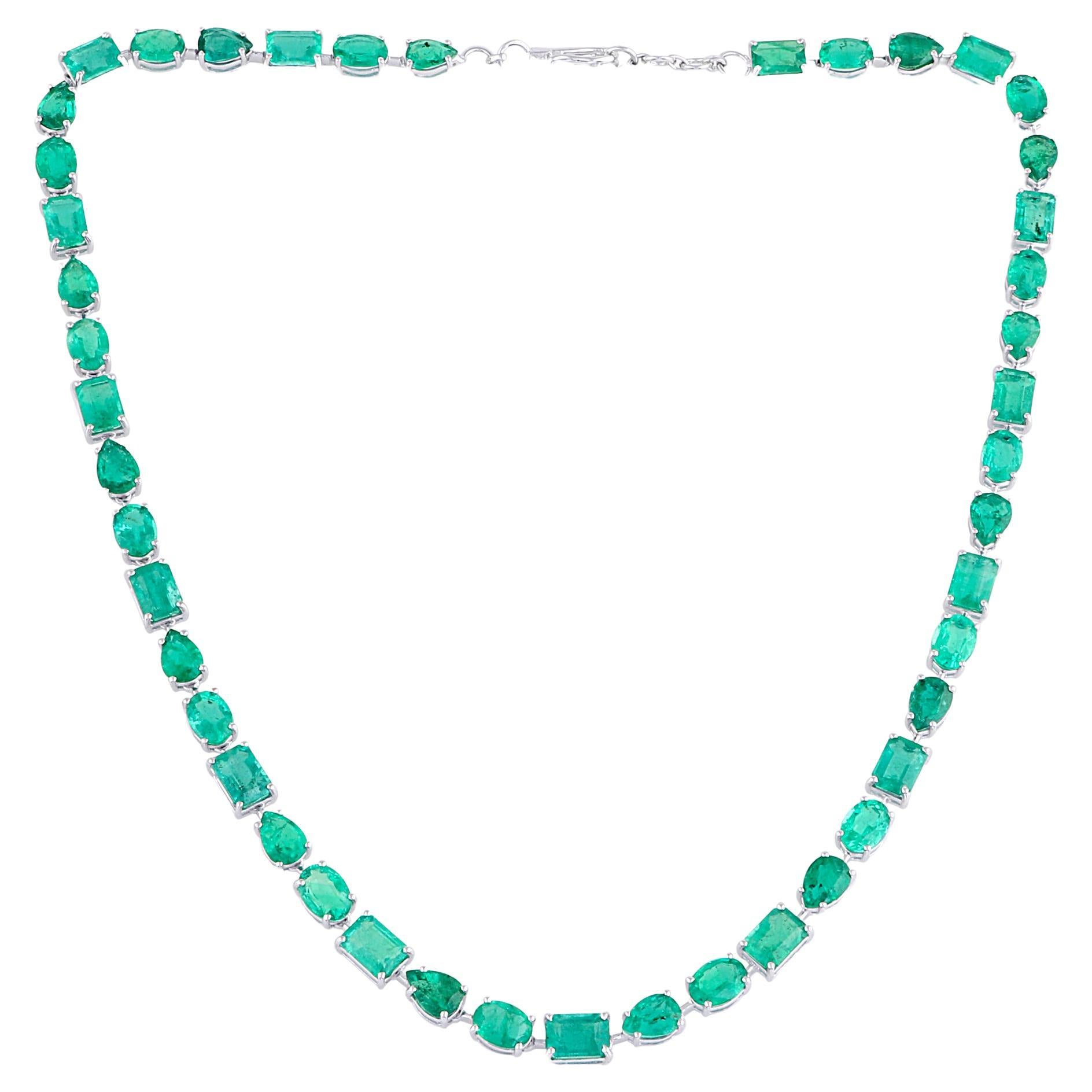 34.51 Carat Natural Emerald Gemstone Necklace 18 Karat White Gold Fine Jewelry