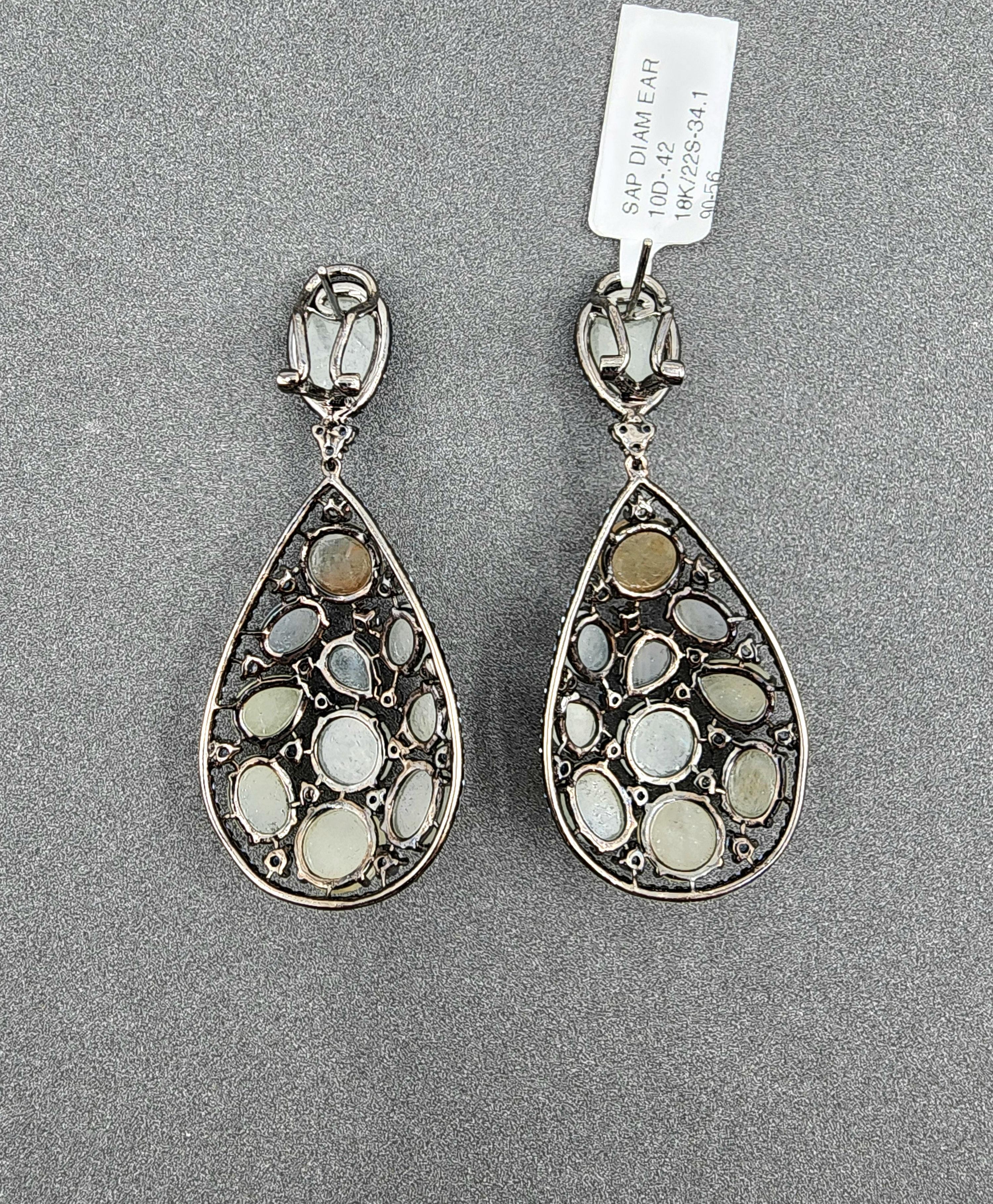 Boucles d'oreilles pendantes en saphir naturel et diamant de 34.52 ct en vente 2