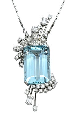 34.53 Carat Emerald Cut Aquamarine Pendant Necklace with Diamonds 14 Karat Gold