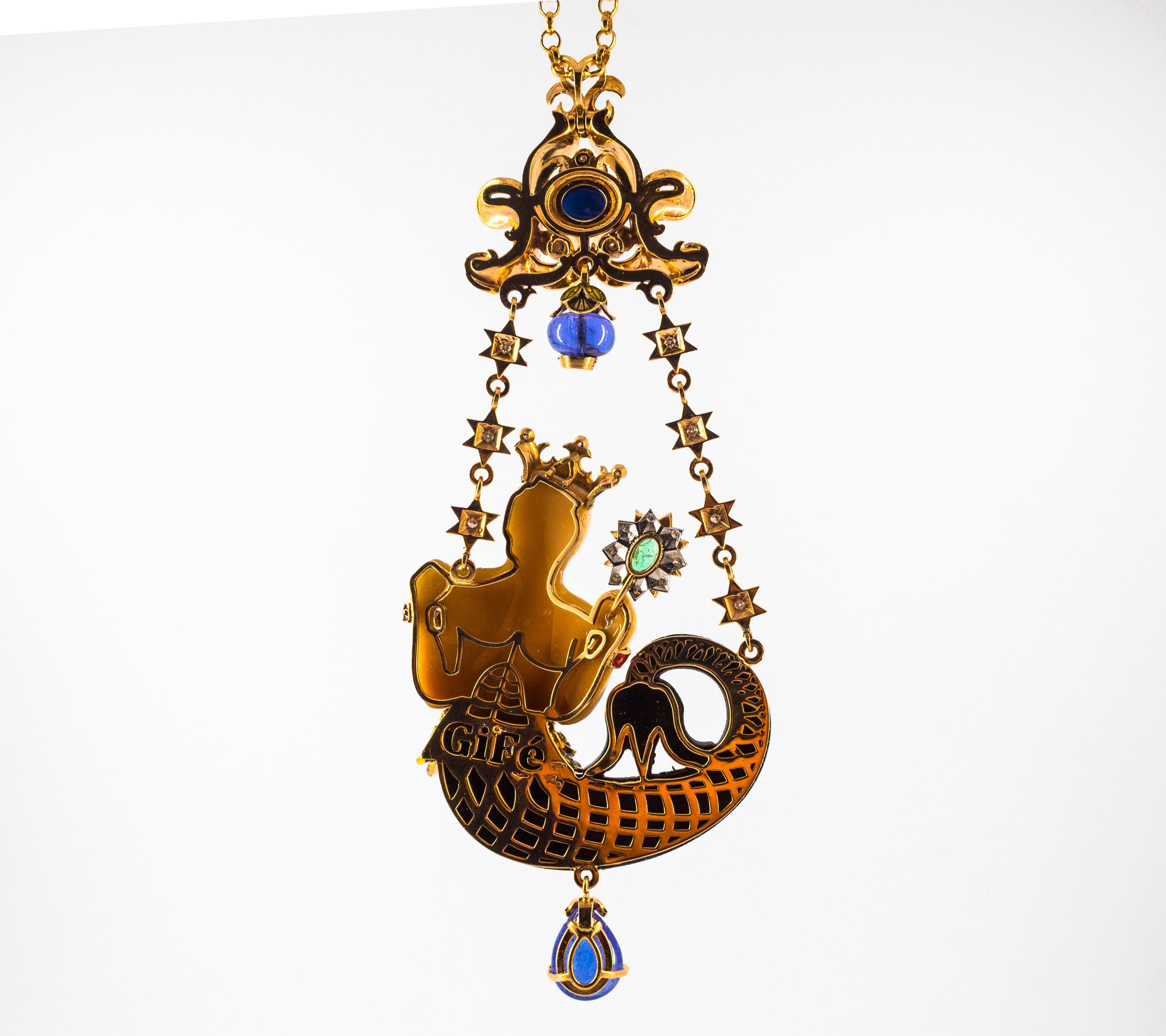 34,53 Karat Weißer Diamant Saphir Smaragd Tansanit Gelbgold Triton Halskette im Angebot 4