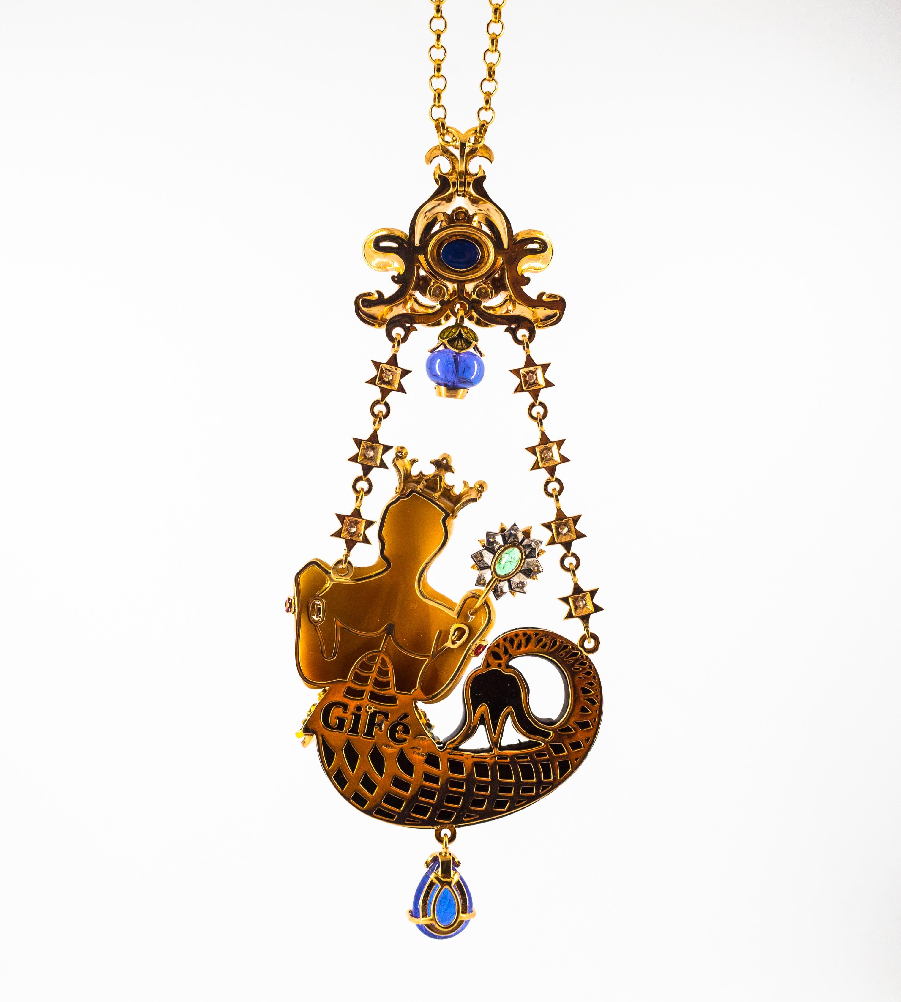 34.53 Carat White Diamond Sapphire Emerald Tanzanite Yellow Gold Triton Necklace For Sale 5