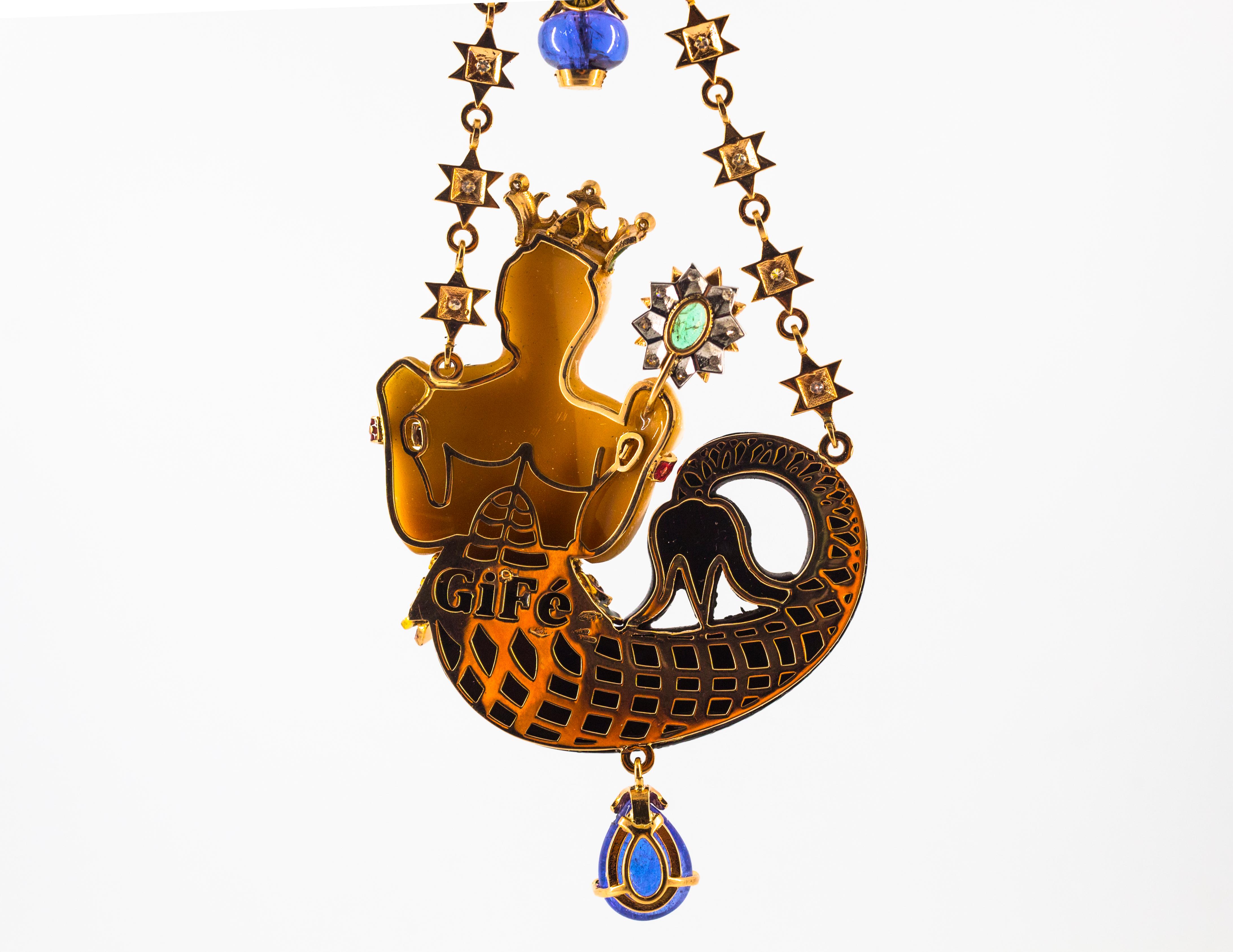 34,53 Karat Weißer Diamant Saphir Smaragd Tansanit Gelbgold Triton Halskette im Angebot 6