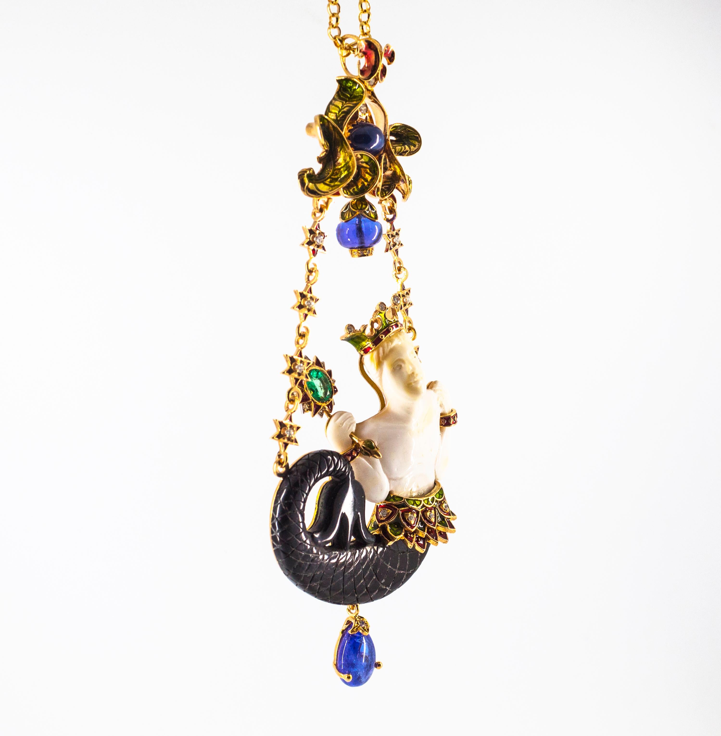 34.53 Carat White Diamond Sapphire Emerald Tanzanite Yellow Gold Triton Necklace For Sale 7