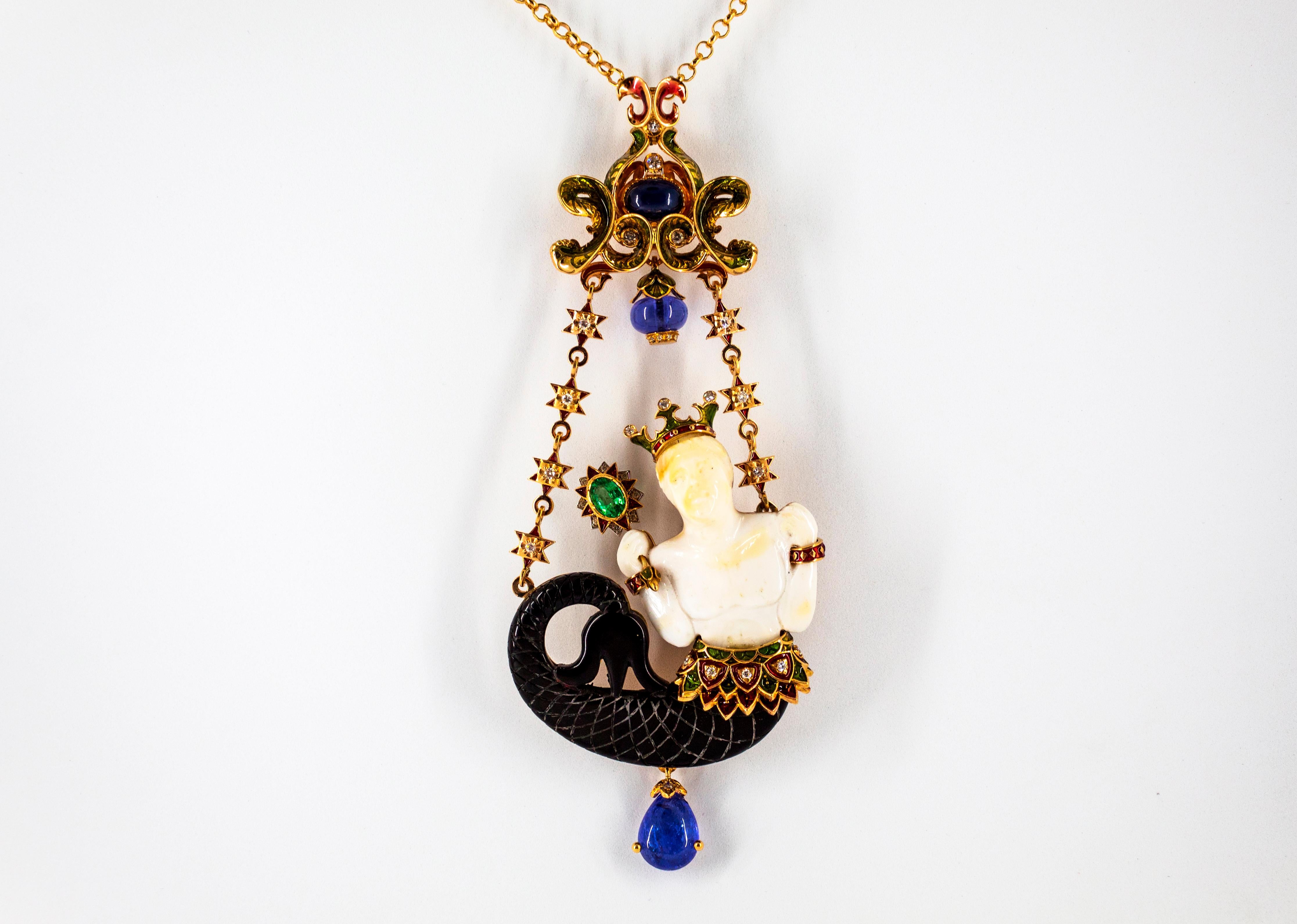 34.53 Carat White Diamond Sapphire Emerald Tanzanite Yellow Gold Triton Necklace For Sale 8