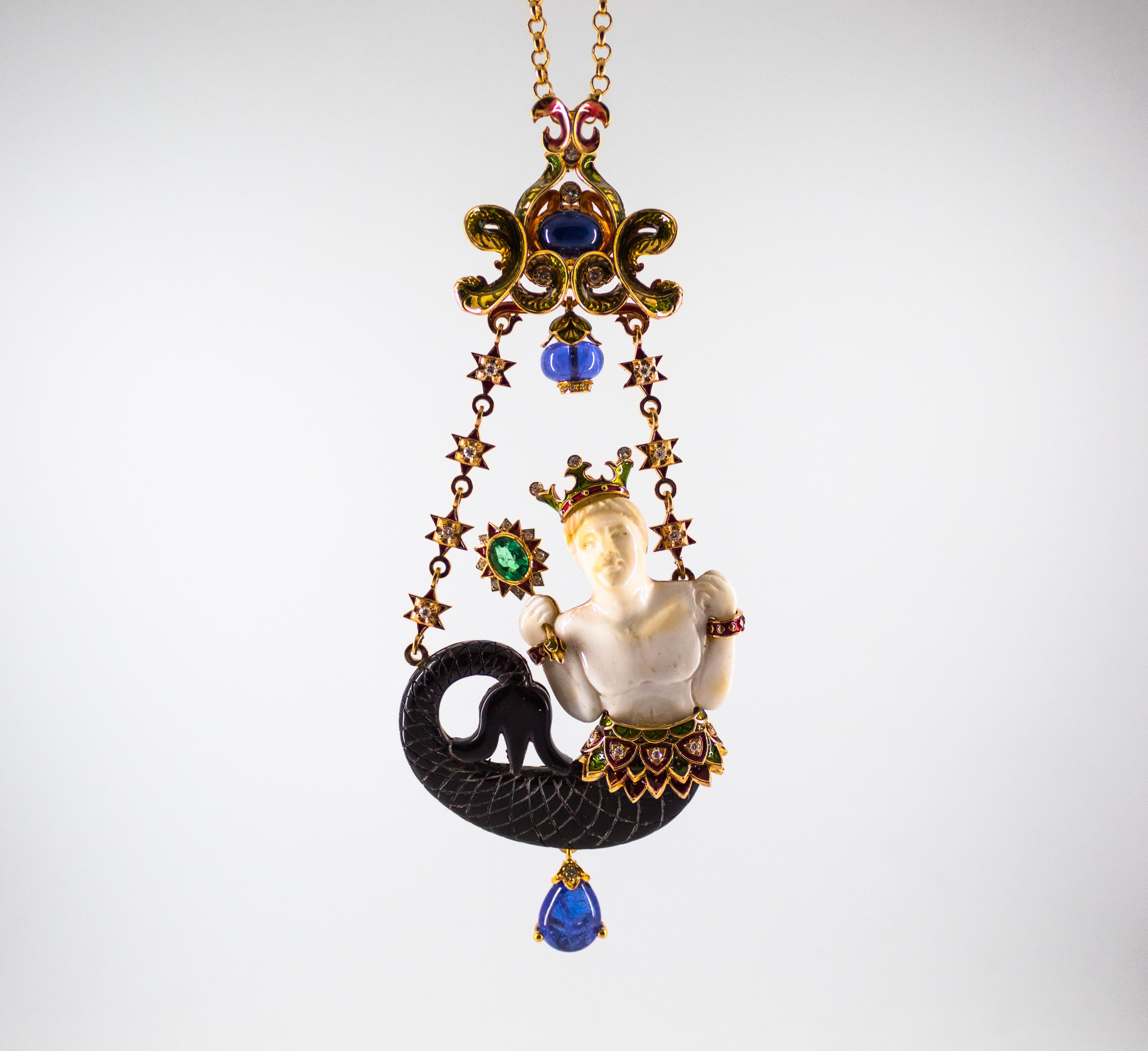 This Necklace is made of 14K Yellow Gold.
This Necklace has 1.00 Carats of White Diamonds.
This Necklace has a 3.21 Carats Blue Sapphire.
This Necklace has a 0.82 Carats Emerald.
This Necklace has 29.50 Carats of Tanzanite.
This Necklace has Enamel,