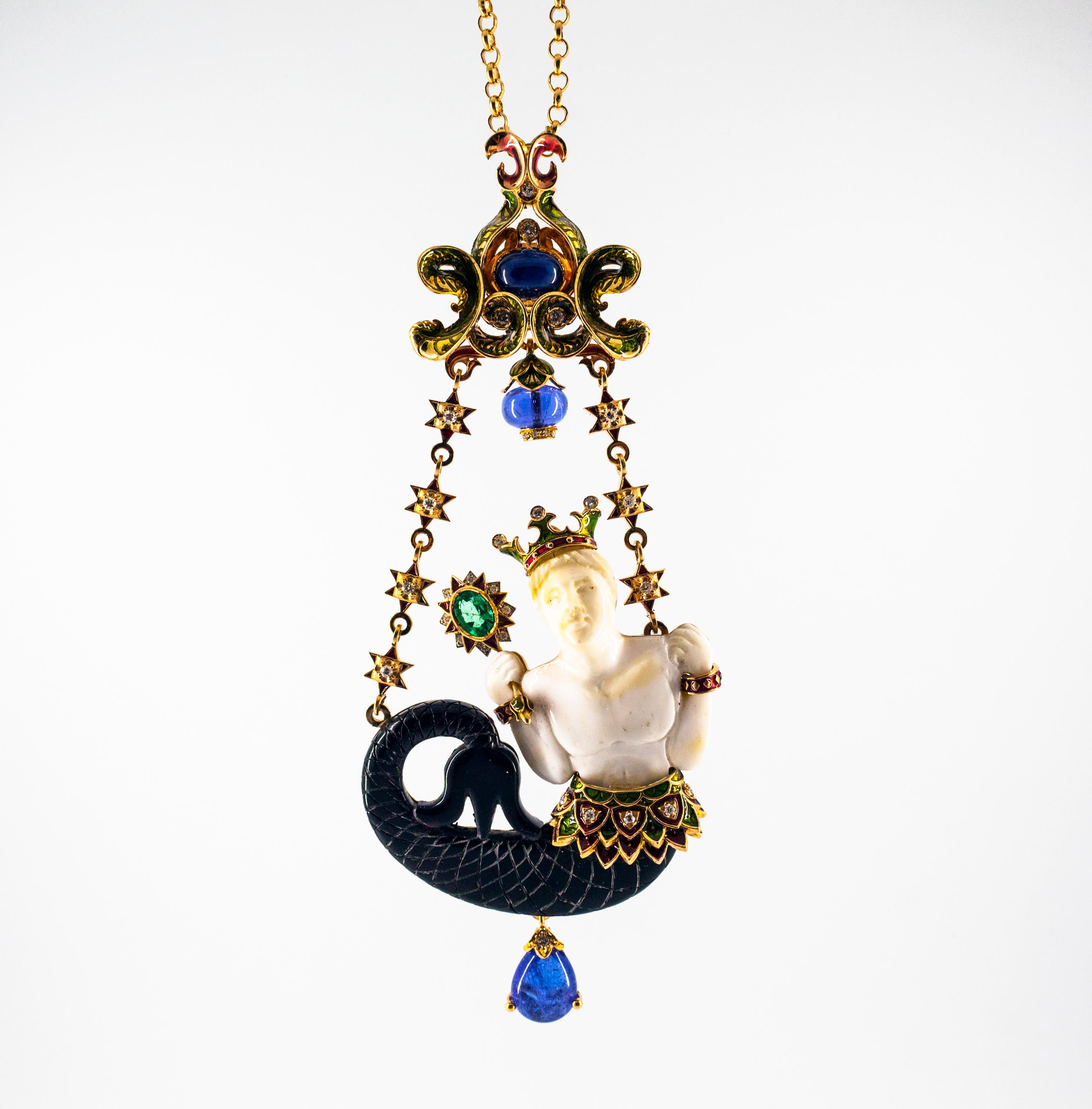 This Necklace is made of 14K Yellow Gold.
This Necklace has 1.00 Carats of White Brilliant Cut Diamonds.
This Necklace has a 3.21 Carats Blue Cabochon Cut Sapphire.
This Necklace has a 0.82 Carats Oval Cut Emerald.
This Necklace has 29.50 Carats of