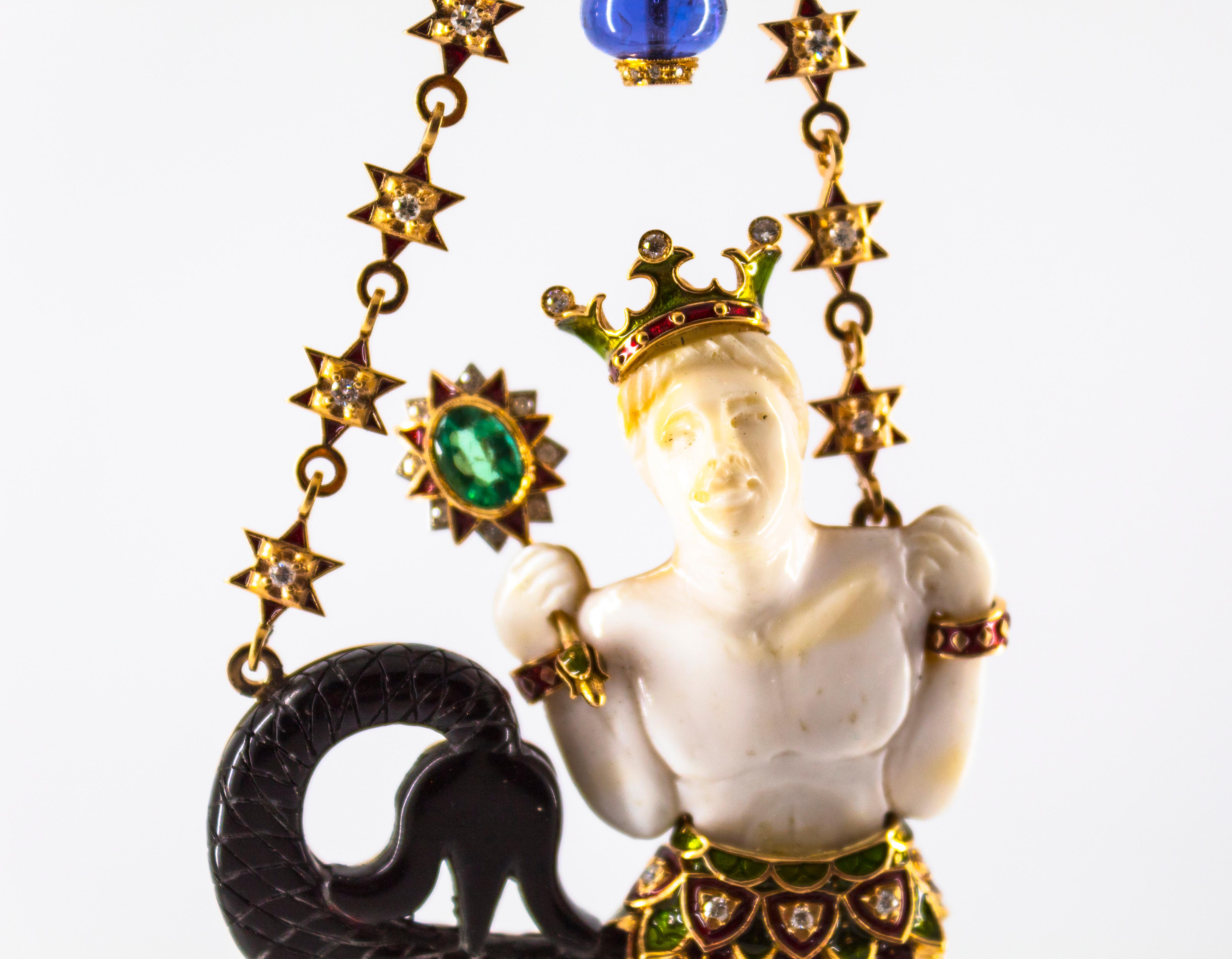 Classical Greek 34.53 Carat White Diamond Sapphire Emerald Tanzanite Yellow Gold Triton Necklace For Sale
