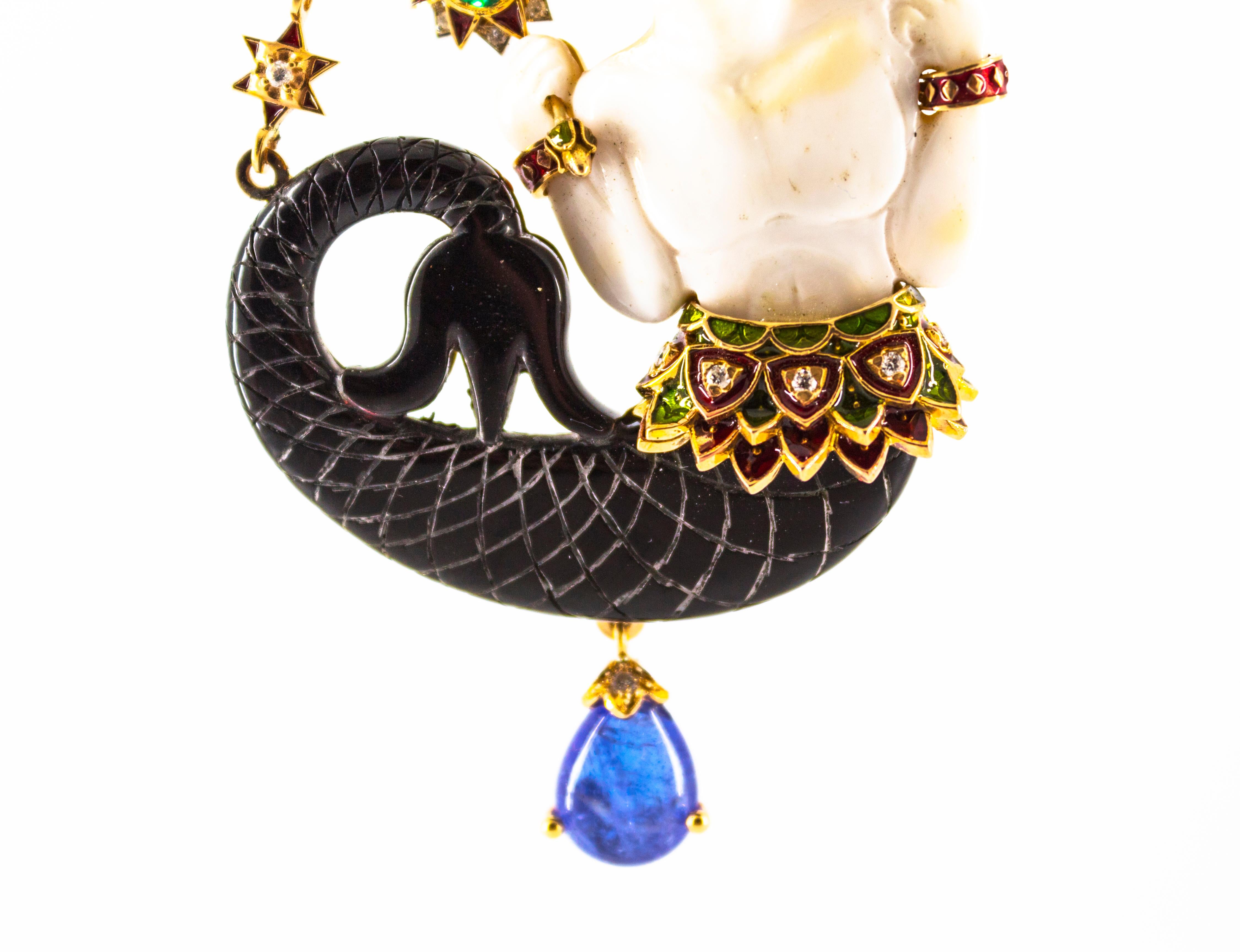 34,53 Karat Weißer Diamant Saphir Smaragd Tansanit Gelbgold Triton Halskette (Brillantschliff) im Angebot