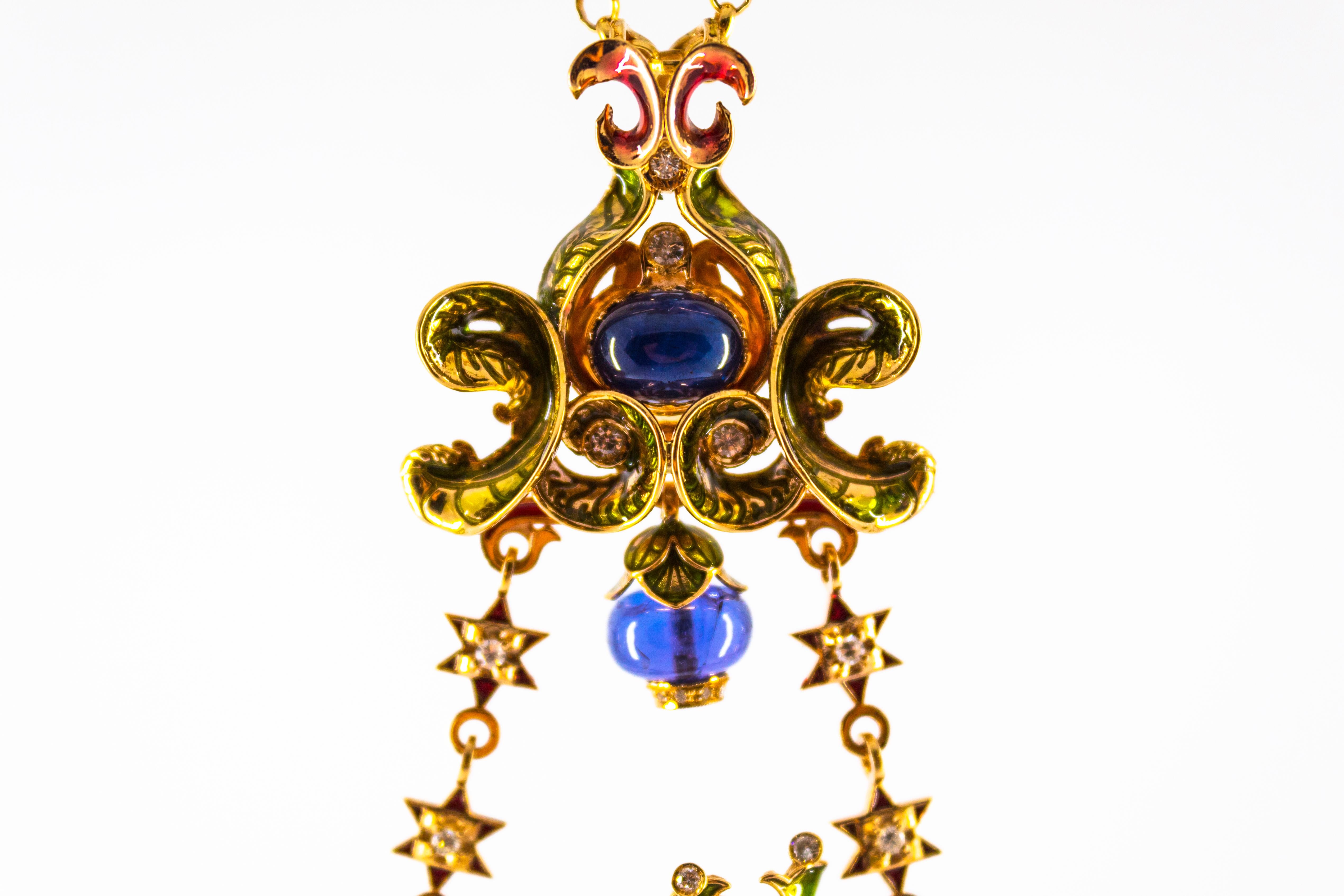 34.53 Carat White Diamond Sapphire Emerald Tanzanite Yellow Gold Triton Necklace For Sale 1