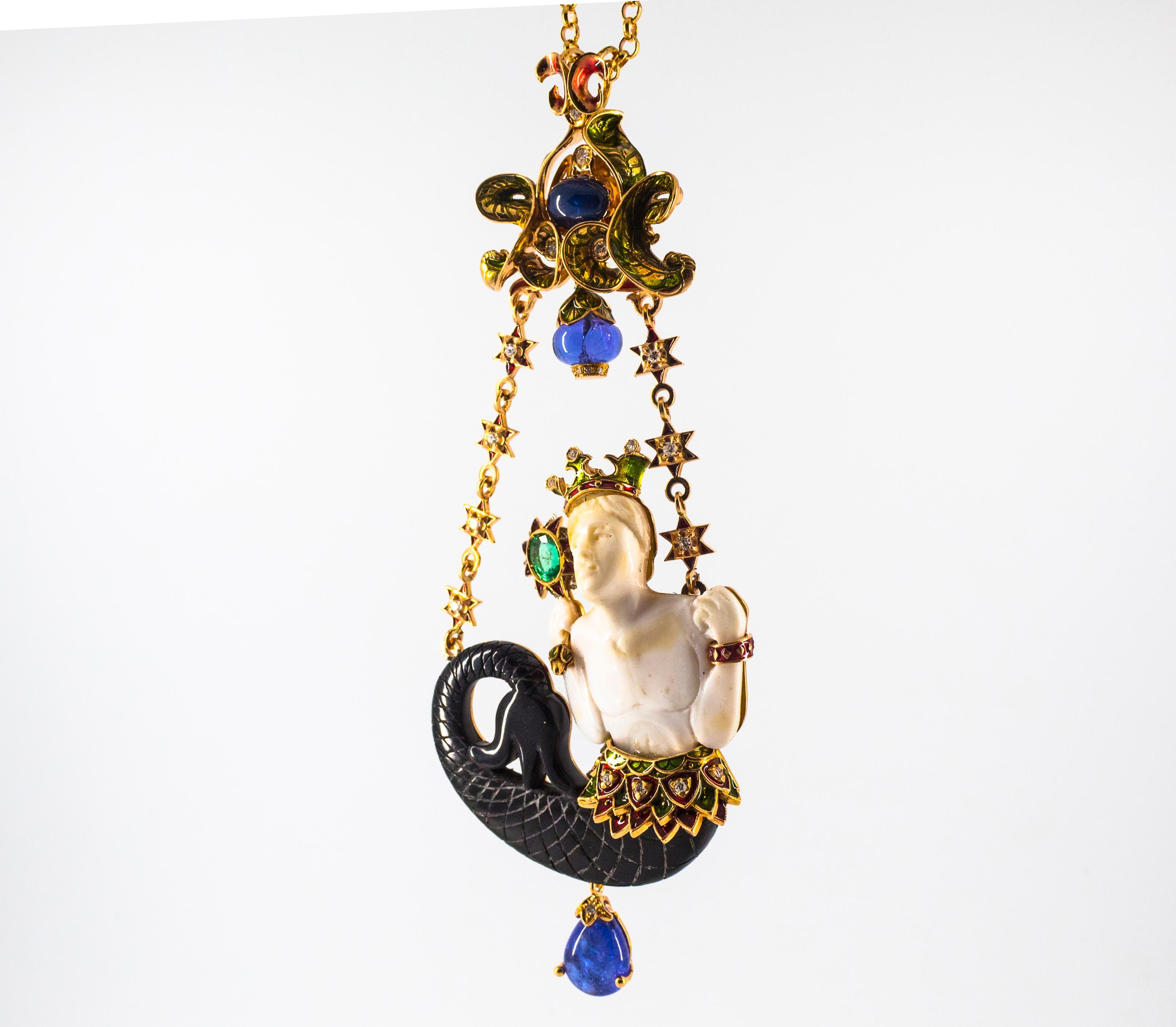 34.53 Carat White Diamond Sapphire Emerald Tanzanite Yellow Gold Triton Necklace For Sale 3