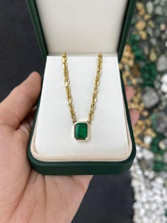 3.45ct 14K Natural Emerald Bezel Solitaire Necklace Dark Green Bezel Set Emerald