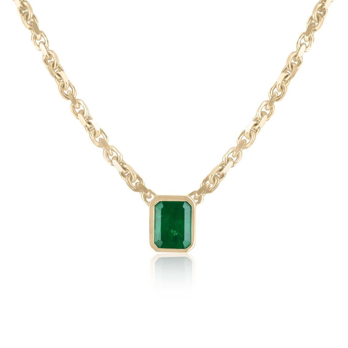 3.45ct 14K Natural Emerald Bezel Solitaire Necklace Dark Green Bezel Set Emerald