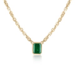 3.45ct 14K Natural Emerald Bezel Solitaire Necklace Dark Green Bezel Set Emerald