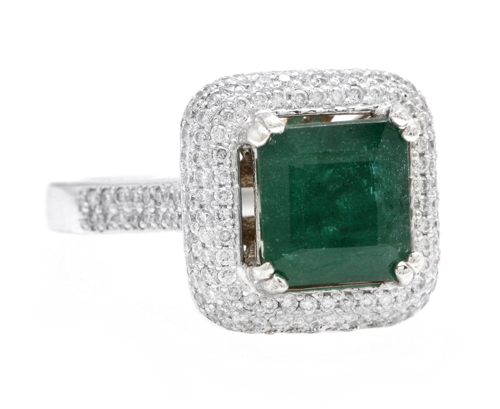 3.45 Carats Natural Emerald and Diamond 14K Solid White Gold Ring

Suggested Replacement Value: $6,000.00

Total Natural Green Emerald Weight is: Approx. 3.00 Carats (transparent)

Emerald Measures: Approx. 8.50 x 8.30mm

Natural Round Diamonds