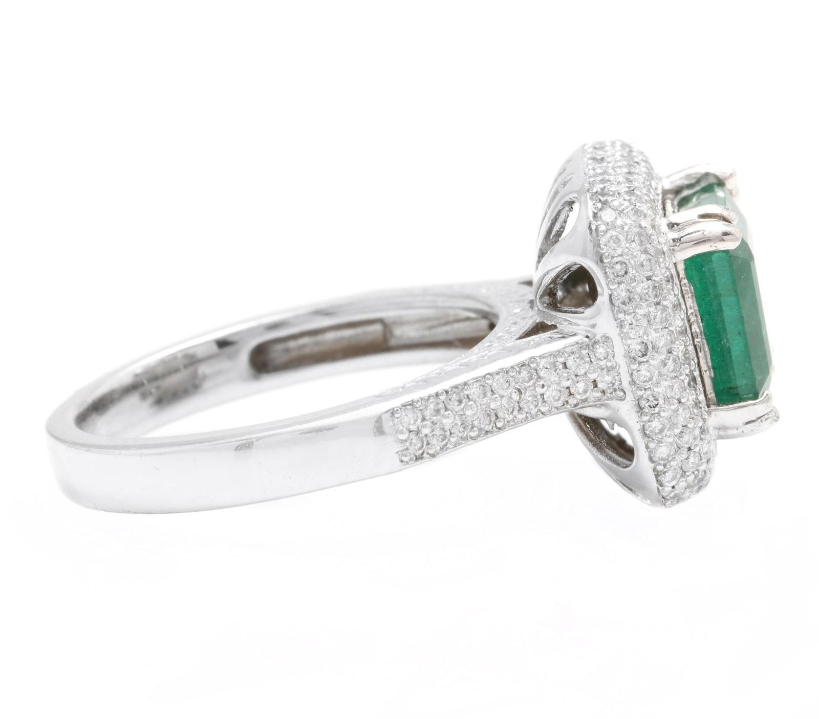 Mixed Cut 3.45ct Natural Emerald & Diamond 14k Solid White Gold Ring For Sale