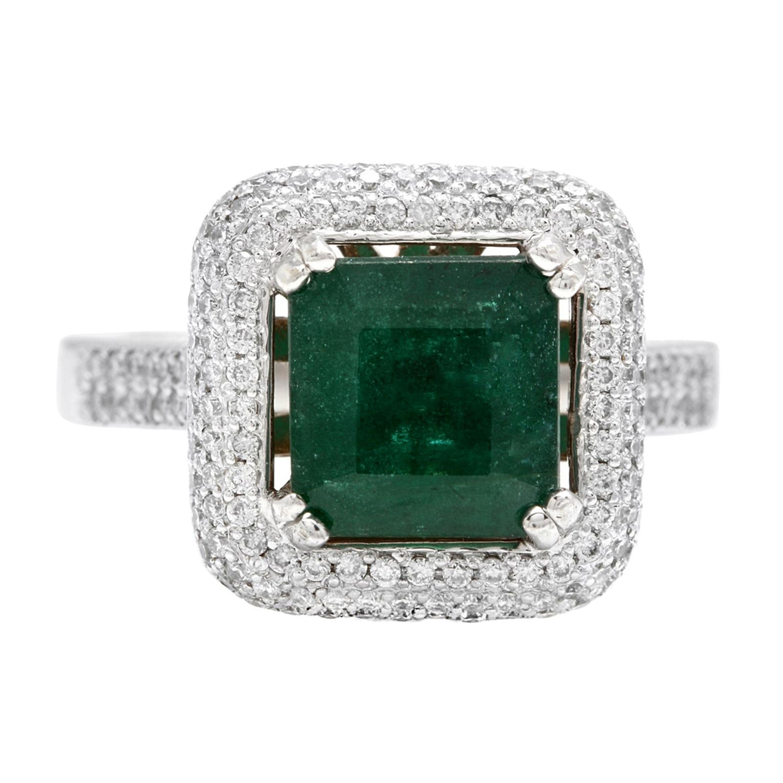 3.45ct Natural Emerald & Diamond 14k Solid White Gold Ring For Sale