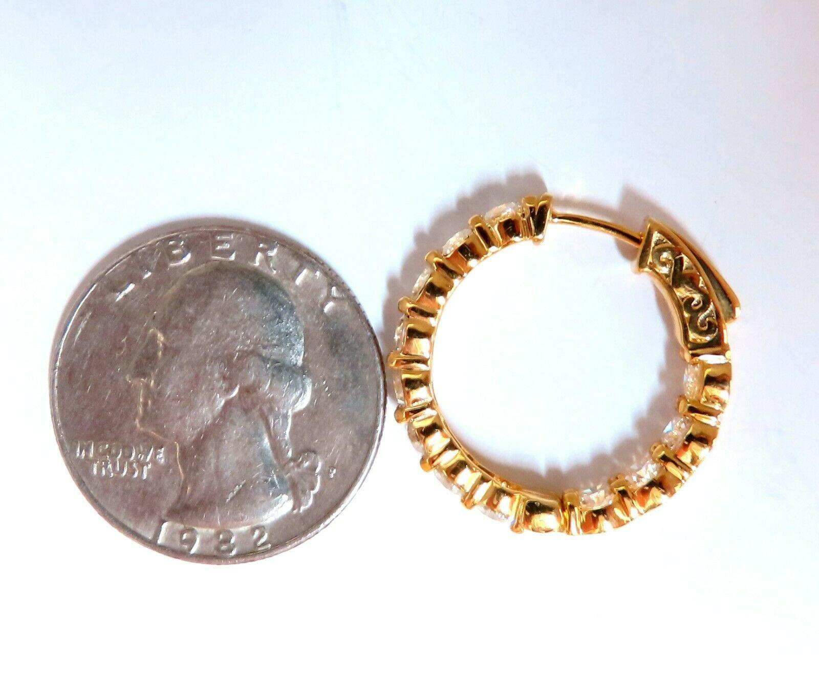 Quarter-sized natural diamond hoop earrings.

3.45 carat round brilliant diamonds

G color vs2 clarity

14 karat white gold 6.9 g

22 mm wide

3.5 mm thick at Diamond row

Push button snap release

$14000 appraisal certificate to accompany