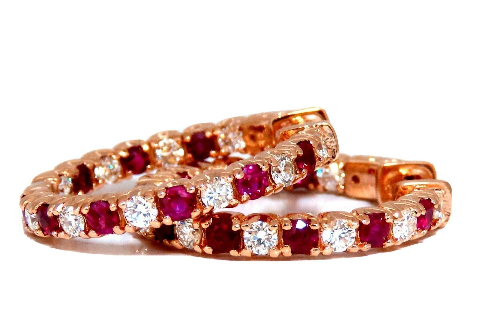 3.45ct Natural Ruby Diamonds Hoop Earrings 14kt Rose Gold Inside Out In New Condition For Sale In New York, NY