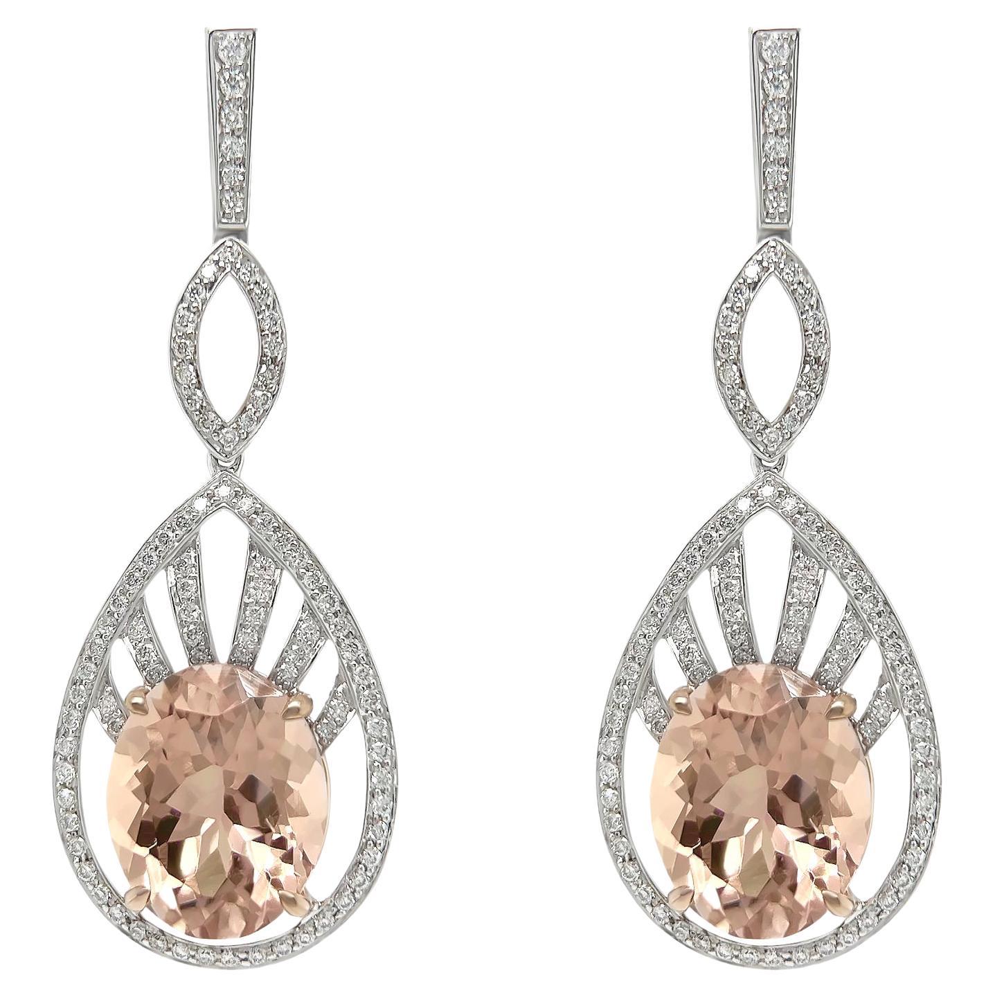 3.45ct Peach Morganite and .50ct Diamond Earrings in 18k White Gold  For Sale