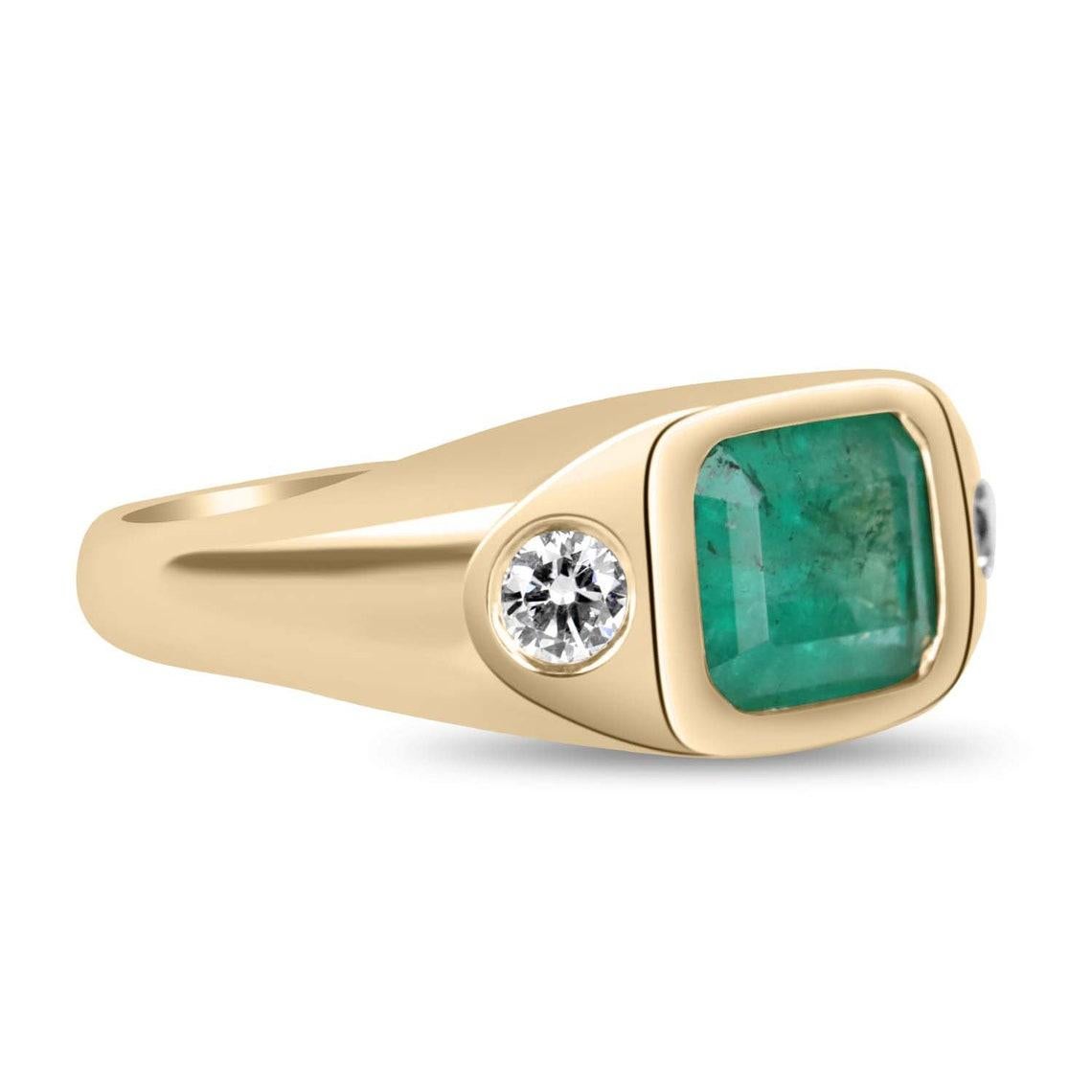 A Colombian emerald and diamond gypsy-styled ring. Dexterously handcrafted in gleaming 14K yellow gold, this ring features a 3.0-carat natural Colombian emerald, emerald cut from the famous Chivor mines. Set in a secure bezel setting for extra