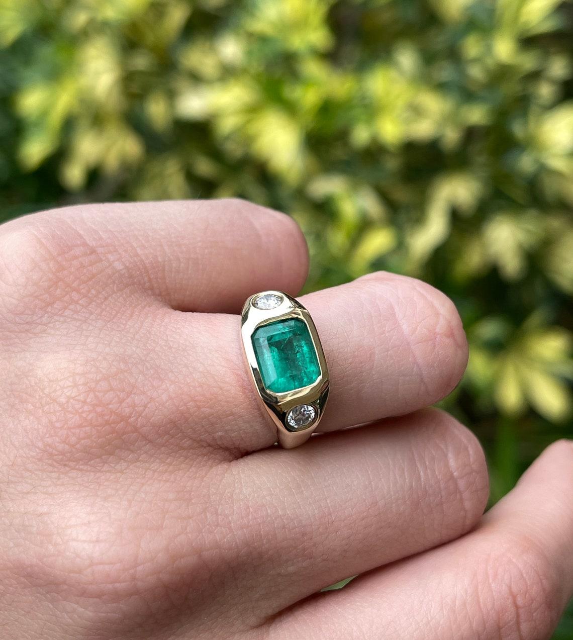 Emerald Cut 3.45tcw 14K Three Stone Colombian Emerald & Round Diamond Gypsy Ring