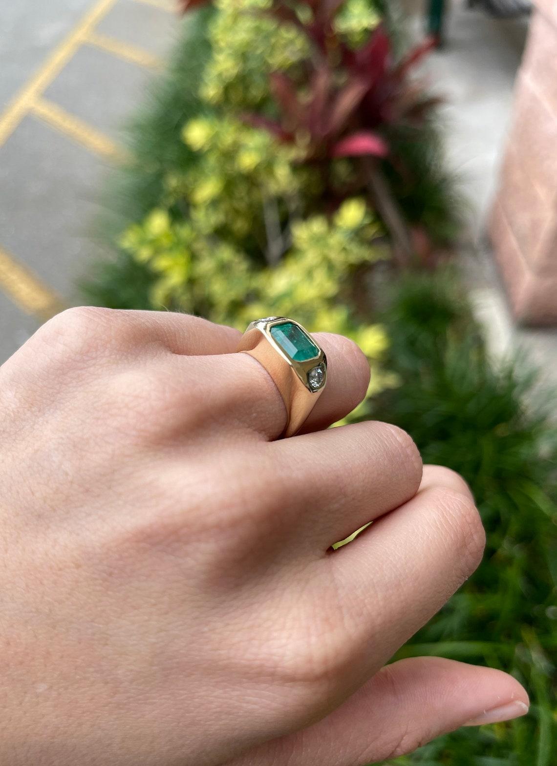 3.45tcw 14K Three Stone Colombian Emerald & Round Diamond Gypsy Ring 1