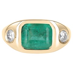 3.45tcw 14K Three Stone Colombian Emerald & Round Diamond Gypsy Ring
