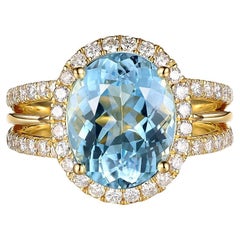 3.46 Carat Aquamarine Diamond Ring in 18 Karat Yellow Gold