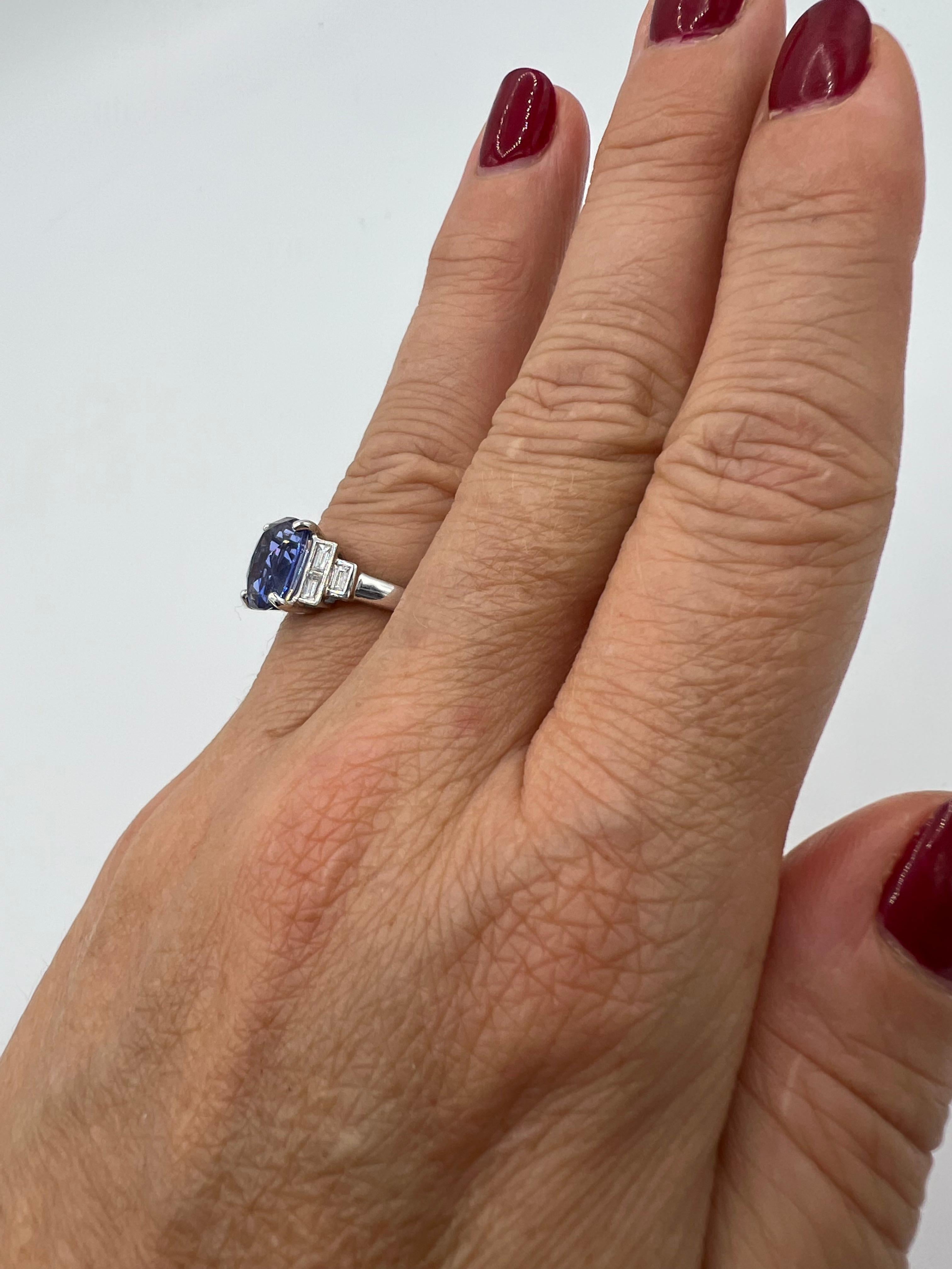3, 46 Carat Blue Sapphire 0, 35 Ct Baguette Diamonds Engagement Ring 2