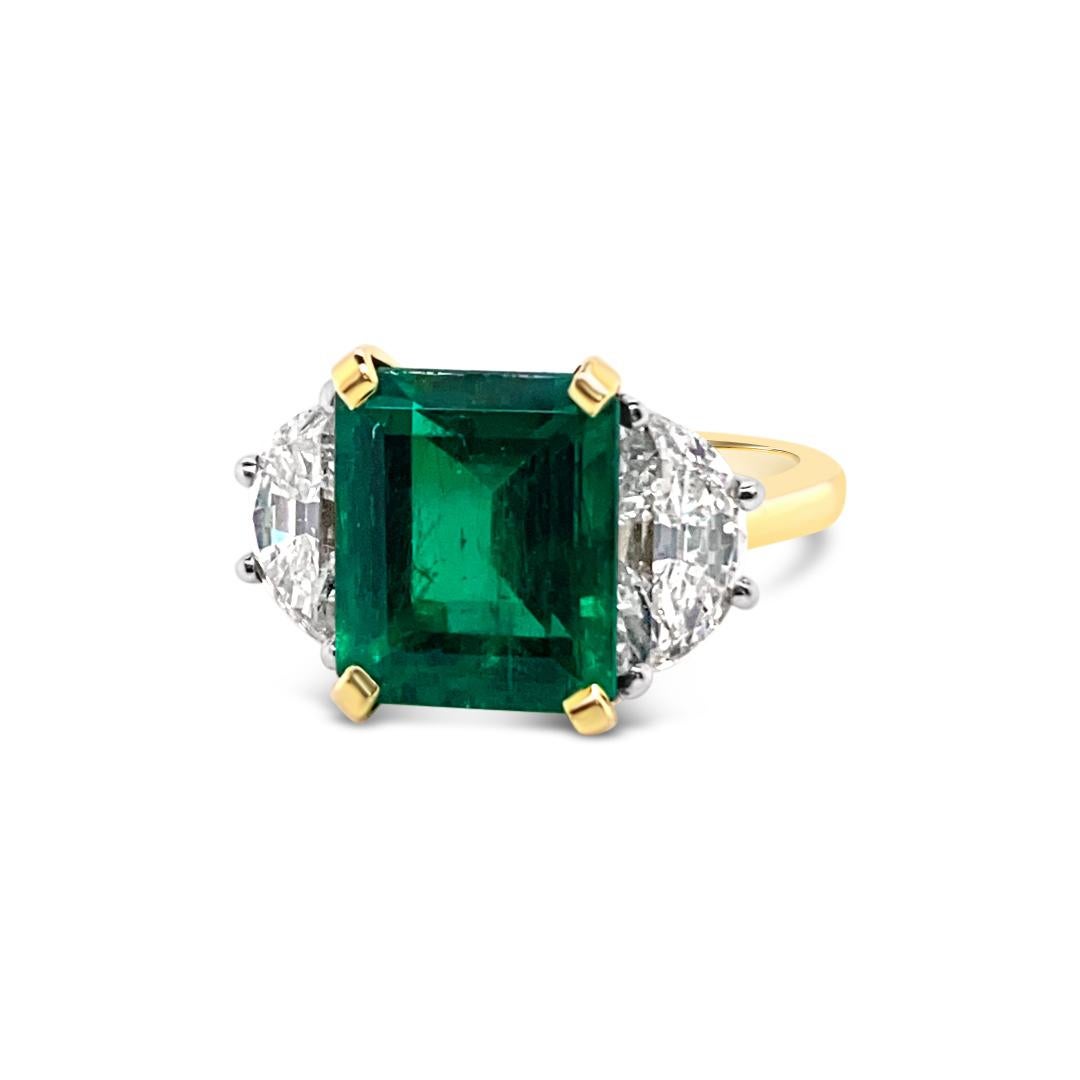Emerald Cut 3.46 Carat Emerald and Diamond Ring in 18 Karat Yellow Gold and Platinum For Sale