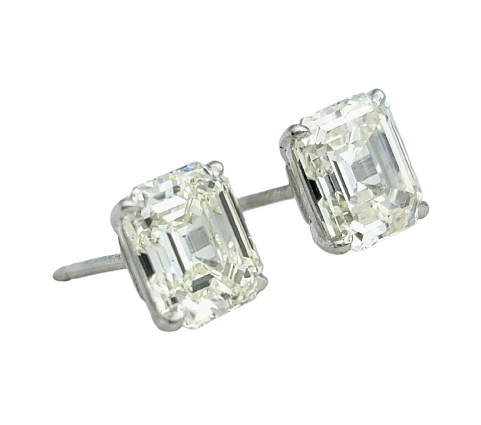 Timeless and radiant, these 3.46-carat emerald cut diamond stud earrings are the epitome of classic elegance. Each diamond is meticulously cut to showcase its stunning clarity and brilliance, offering a captivating play of light with every movement.