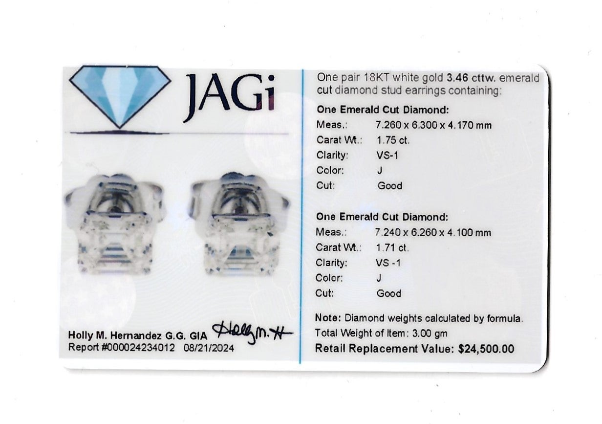 3.46 Carat Emerald Cut Natural Diamond Stud Earrings in 18 Karat White Gold For Sale 3