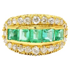 3.46 Carat Emerald Old European Cut Diamond 18 Karat Yellow Gold Band Ring