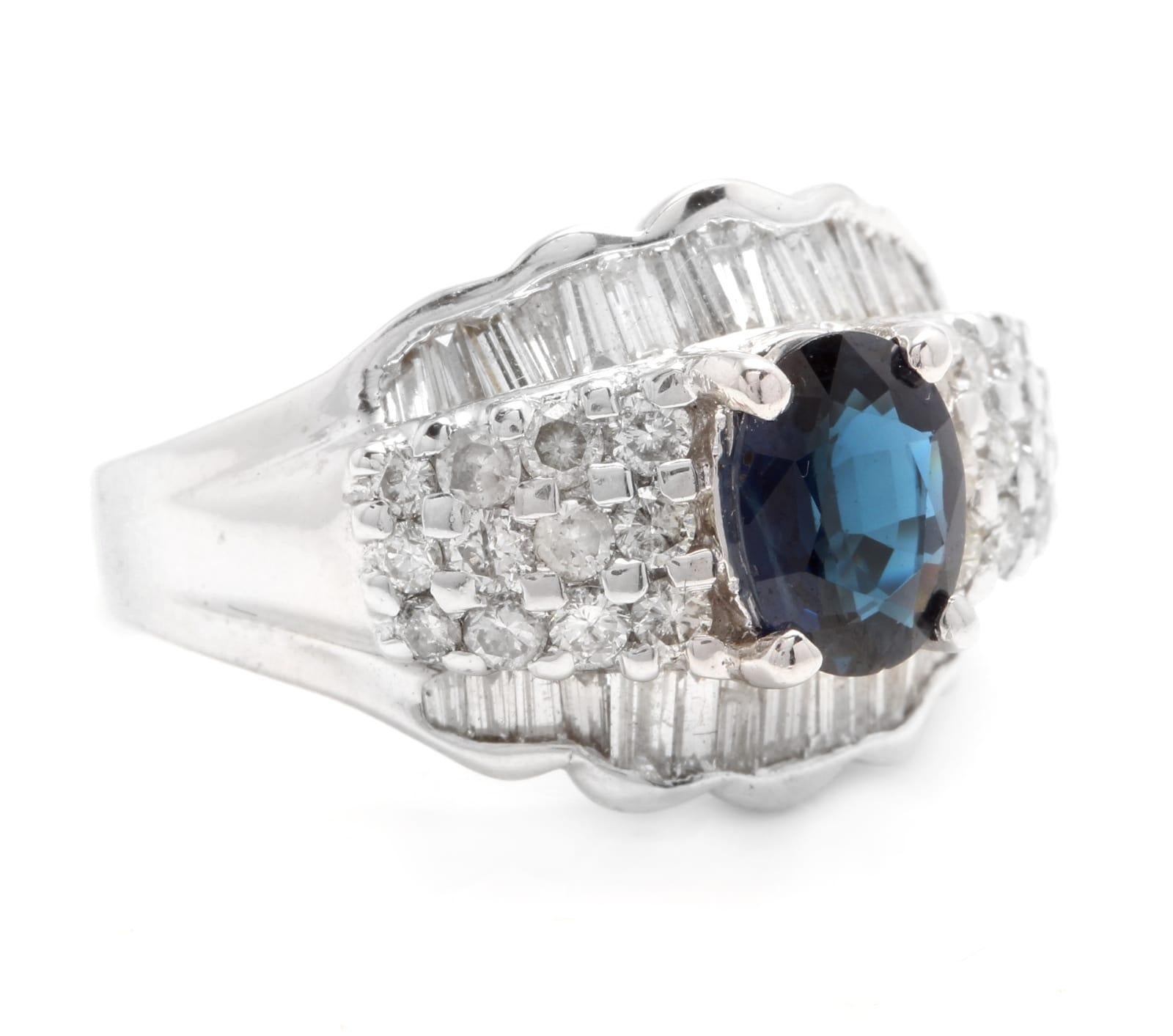 3.46 Carats Exquisite Natural Blue Sapphire and Diamond 18K Solid White Gold Ring

Stamped: 18K

Total Natural Blue Sapphire Weight is: Approx. 1.80 Carats

Sapphire Measures: Approx. 8.00 x 6.00mm

Natural Round & Baguette Diamonds Weight: Approx.