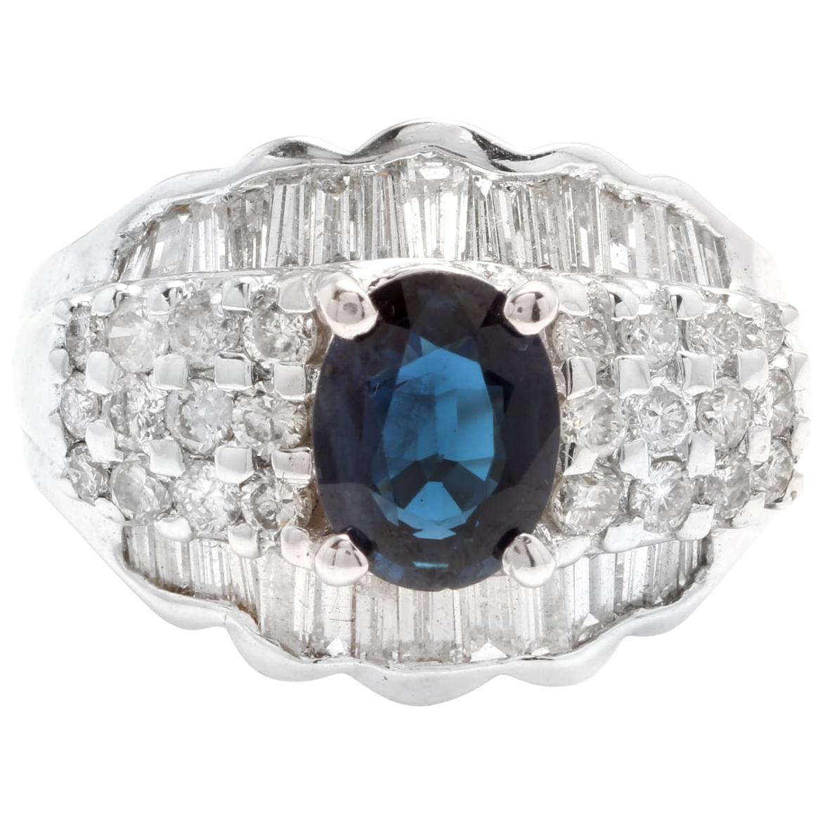 3.46 Carat Exquisite Natural Blue Sapphire and Diamond 18 Karat Solid White Gold For Sale