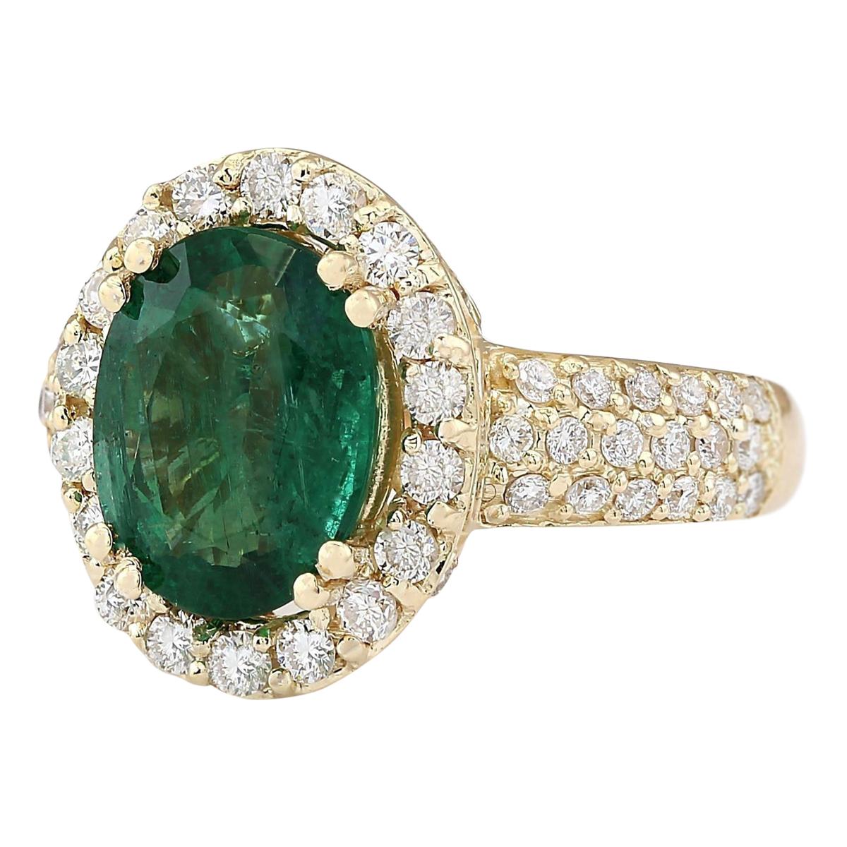 3.46 Carat Natural Emerald 14 Karat Yellow Gold Diamond Ring
Stamped: 14K Yellow Gold
Total Ring Weight: 6.0 Grams
Total Natural Emerald Weight is 2.56 Carat (Measures: 10.00x8.00 mm)
Color: Green
Total Natural Diamond Weight is 0.90 Carat
Color: