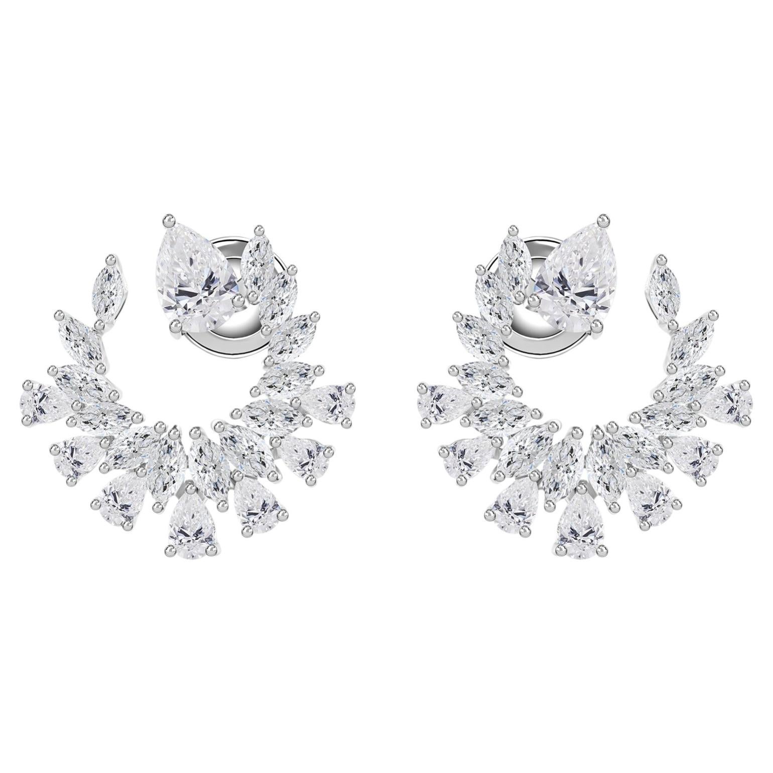 3.46 Carat Natural Pear Marquise Diamond Crescent Stud Earrings 18K White Gold For Sale