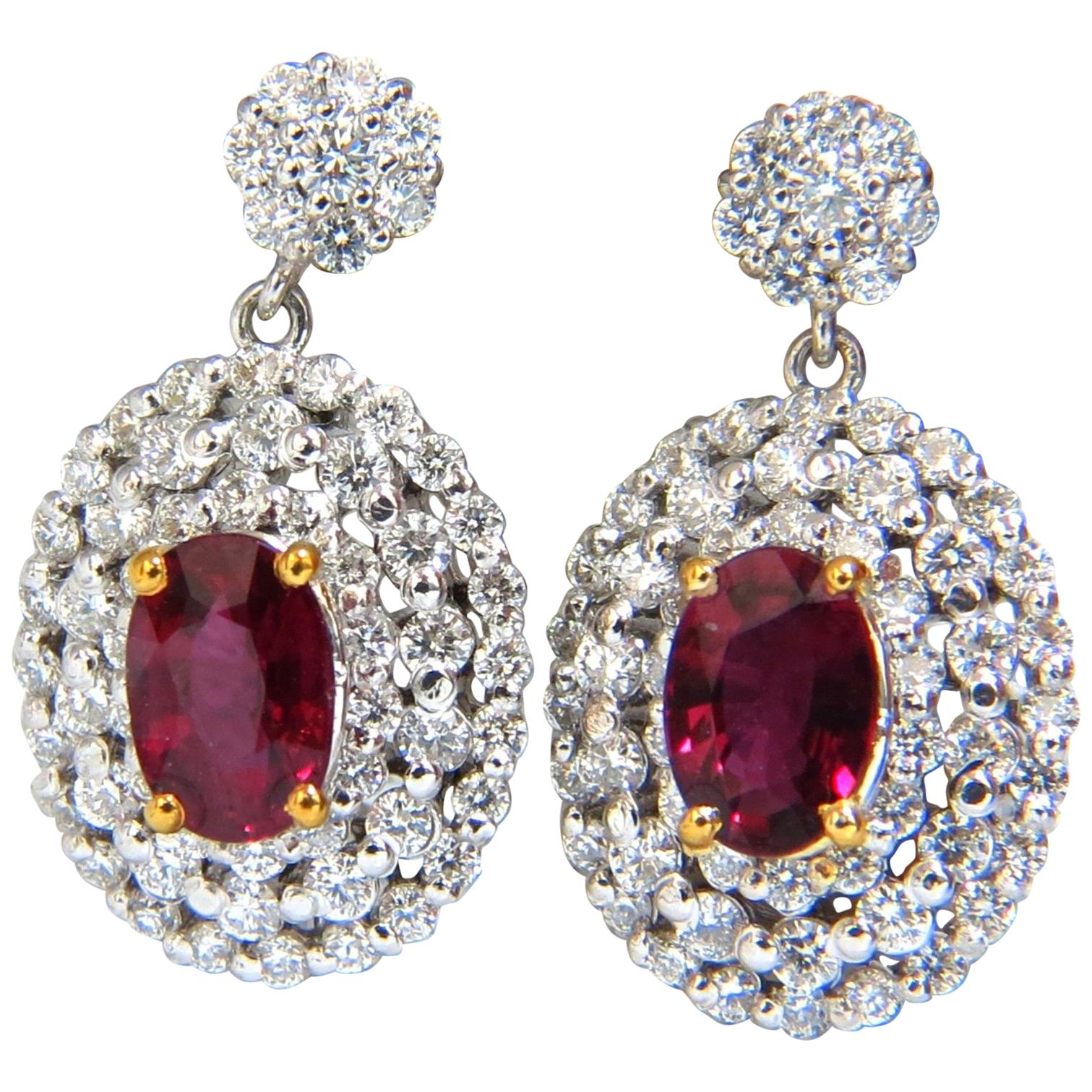 3.46 Carat Natural Red Ruby Diamonds Dangle Cluster Earrings 14 Karat G/Vs